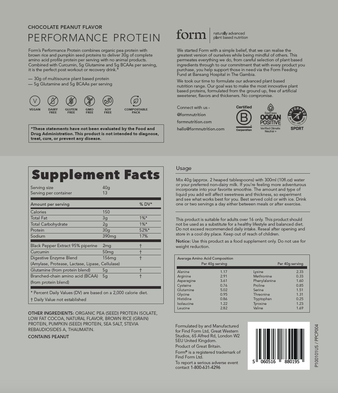 Form Proteína de Rendimiento Vegana empaque sin plástico para consumo sostenible.