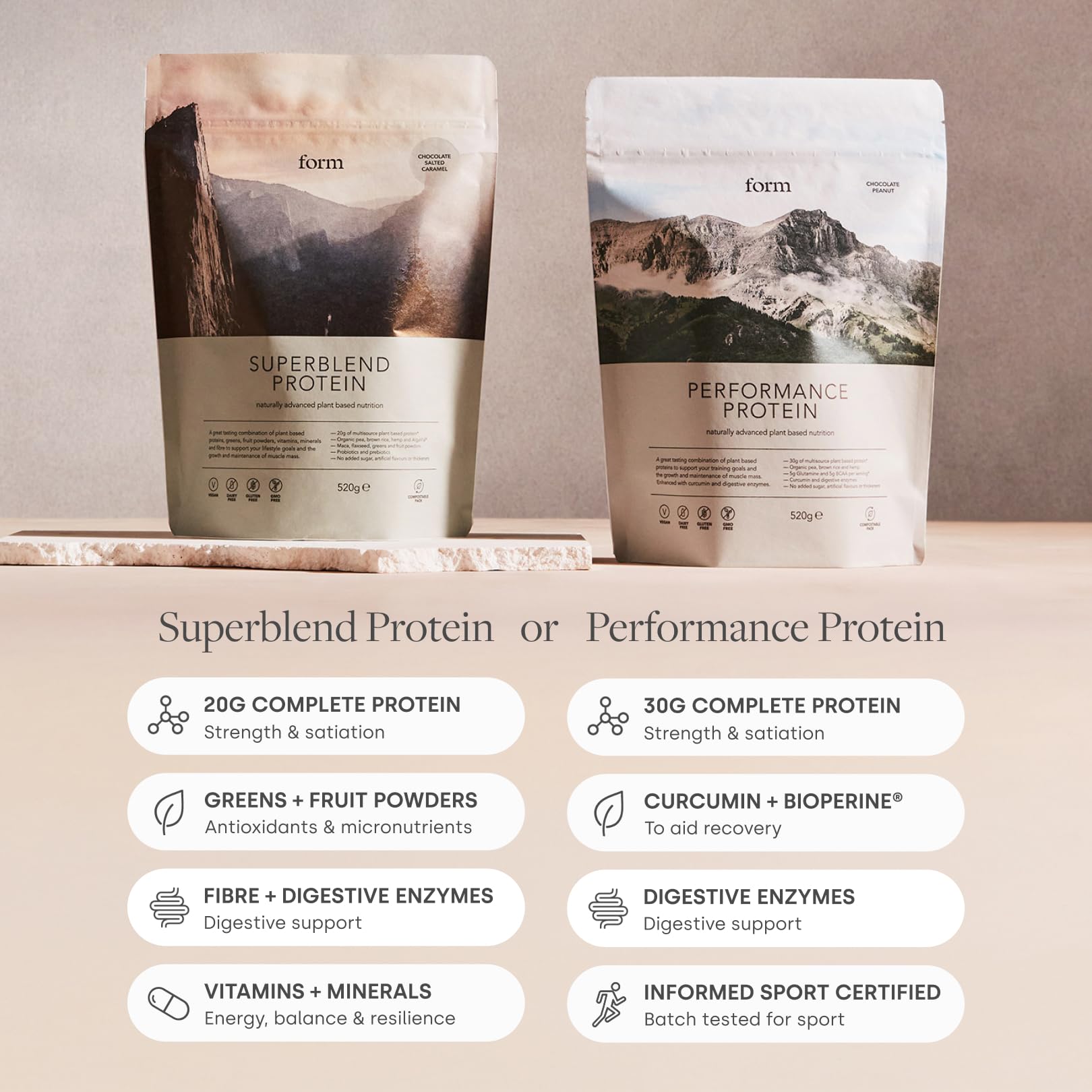 Form Superblend proteína vainilla ingredientes, contiene superalimentos y fibra para bienestar.