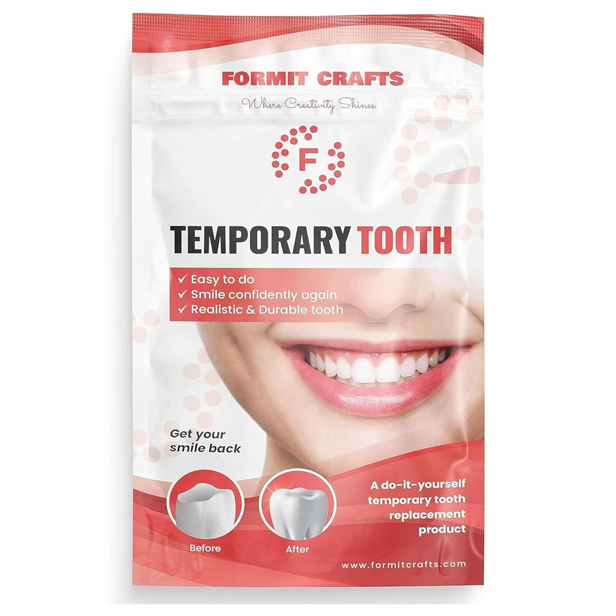 Formit Crafts: perlas termoplásticas dentales, embalaje seguro para iniciar tu reparación temporal.