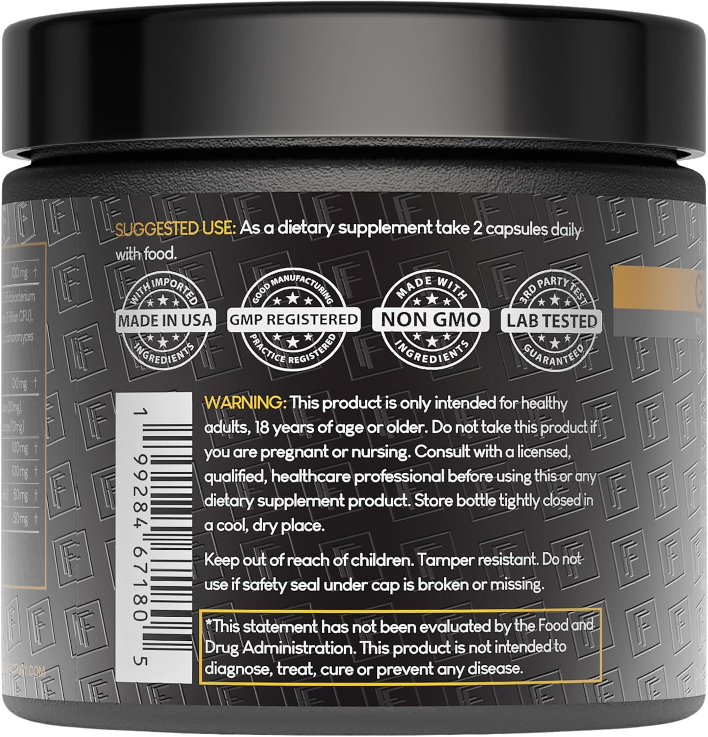 Formulation Factory Gut Intellect bote cerrado para almacenamiento y uso diario.