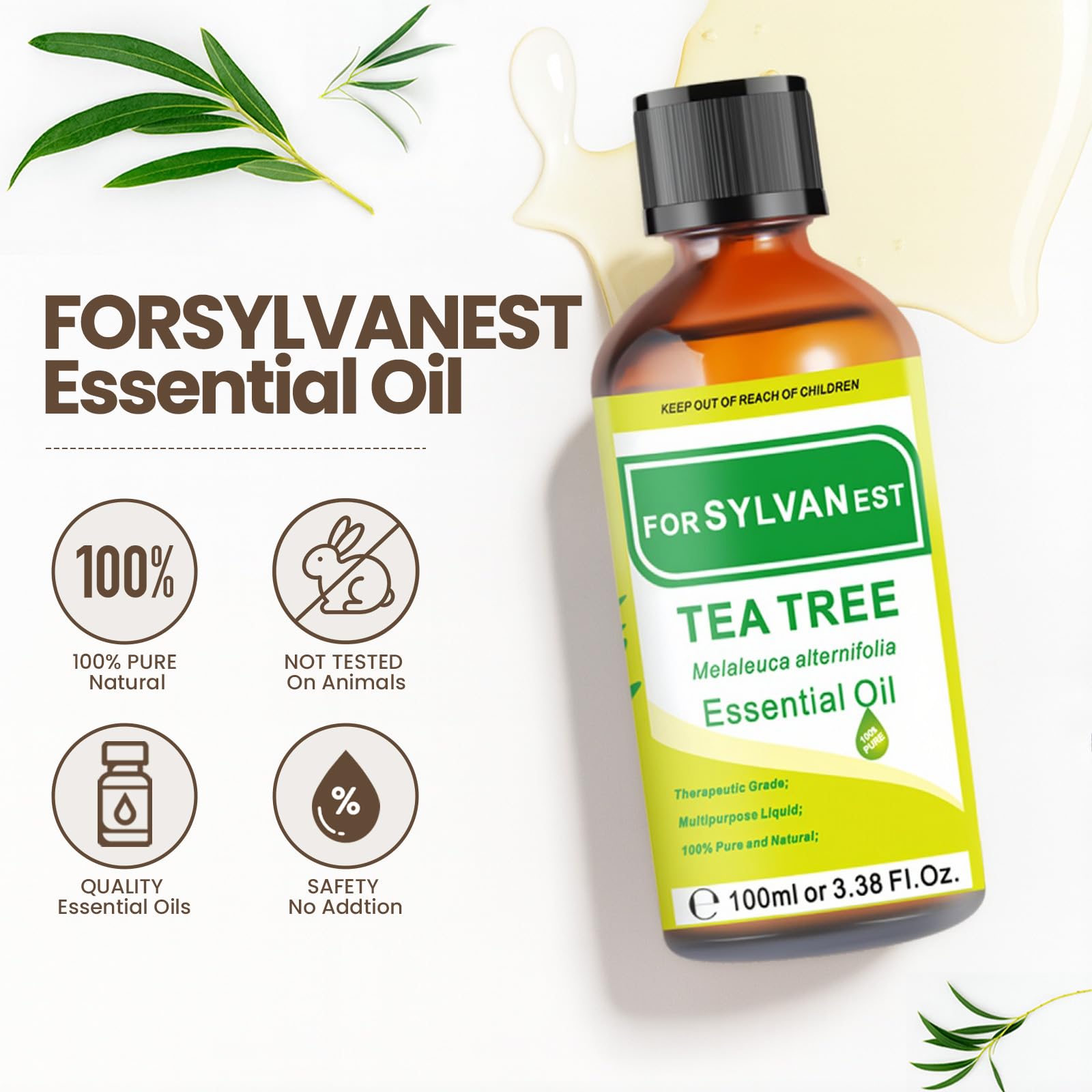 FORSYLVANEST Tea Tree Oil, tapa de vidrio, protege la calidad frente a la luz.