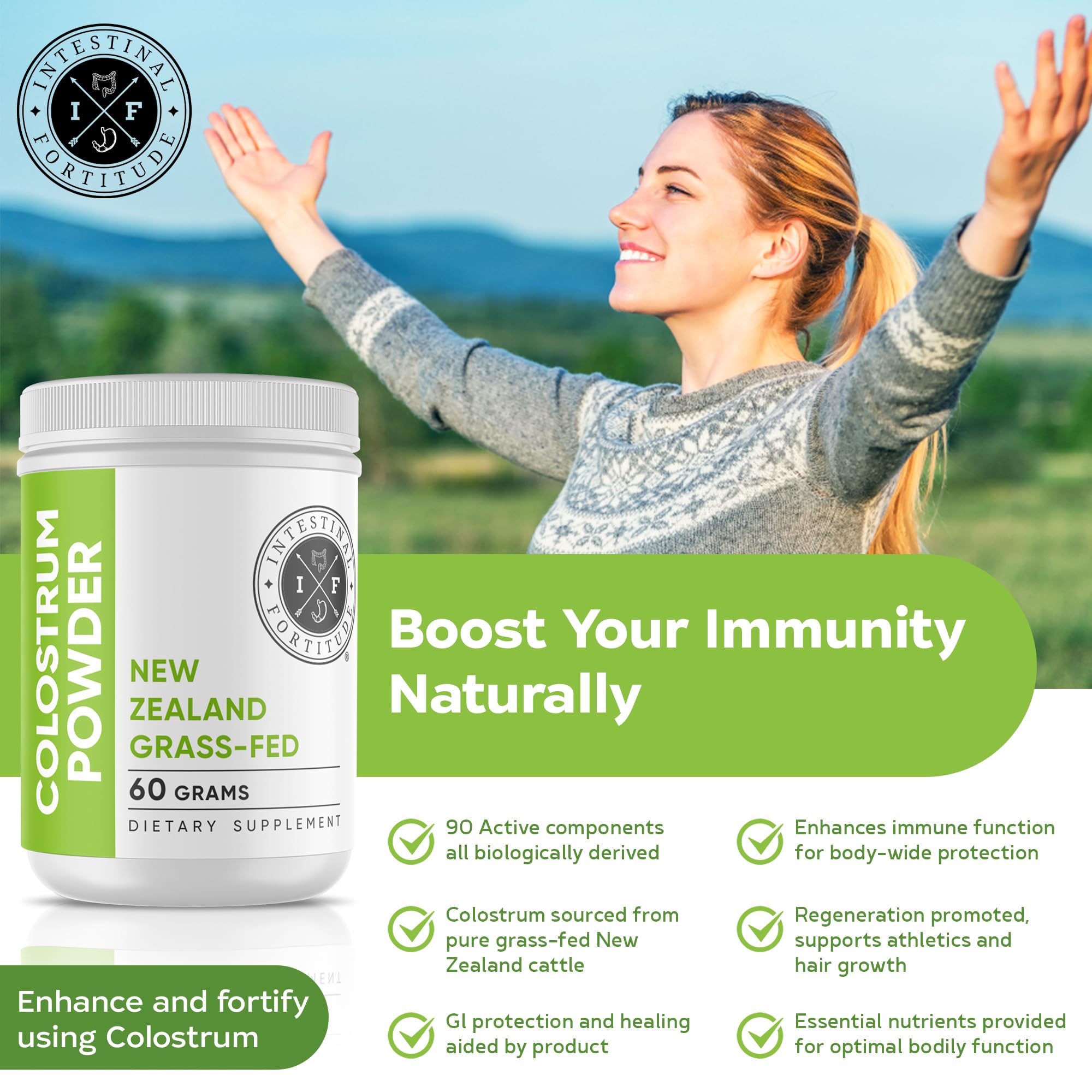Intestinal Fortitude colostro en polvo, sin aditivos: opción limpia para la salud intestinal.