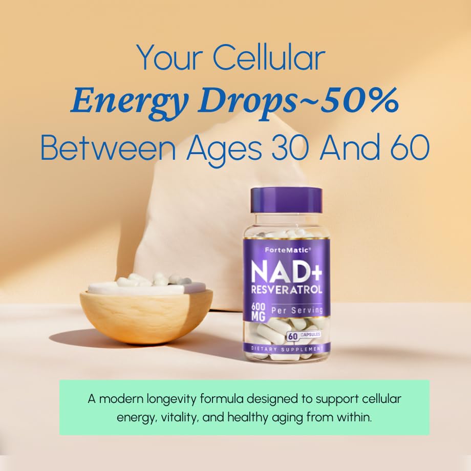 Fortematic NAD+ Resveratrol: etiqueta frontal que resalta antioxidantes y vitalidad