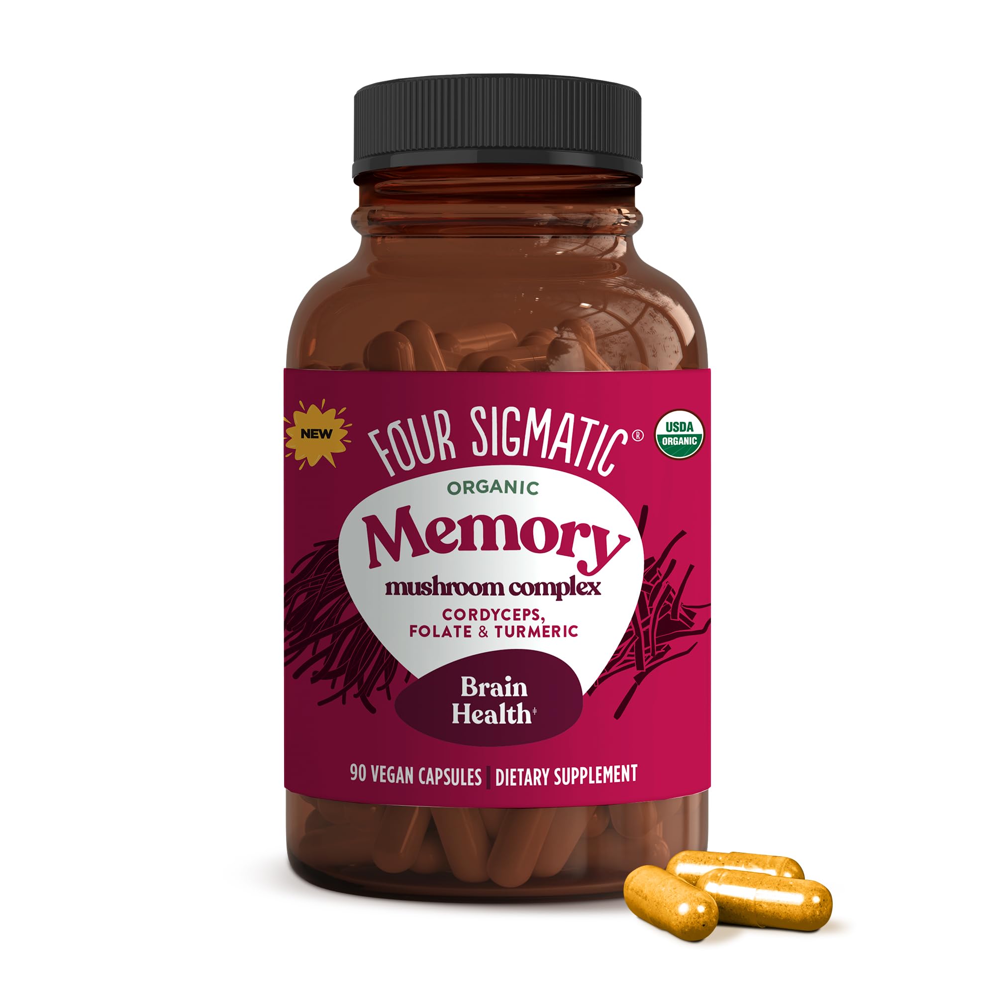 Four Sigmatic Memoria Cápsulas frasco listo para apoyar la memoria y la claridad mental