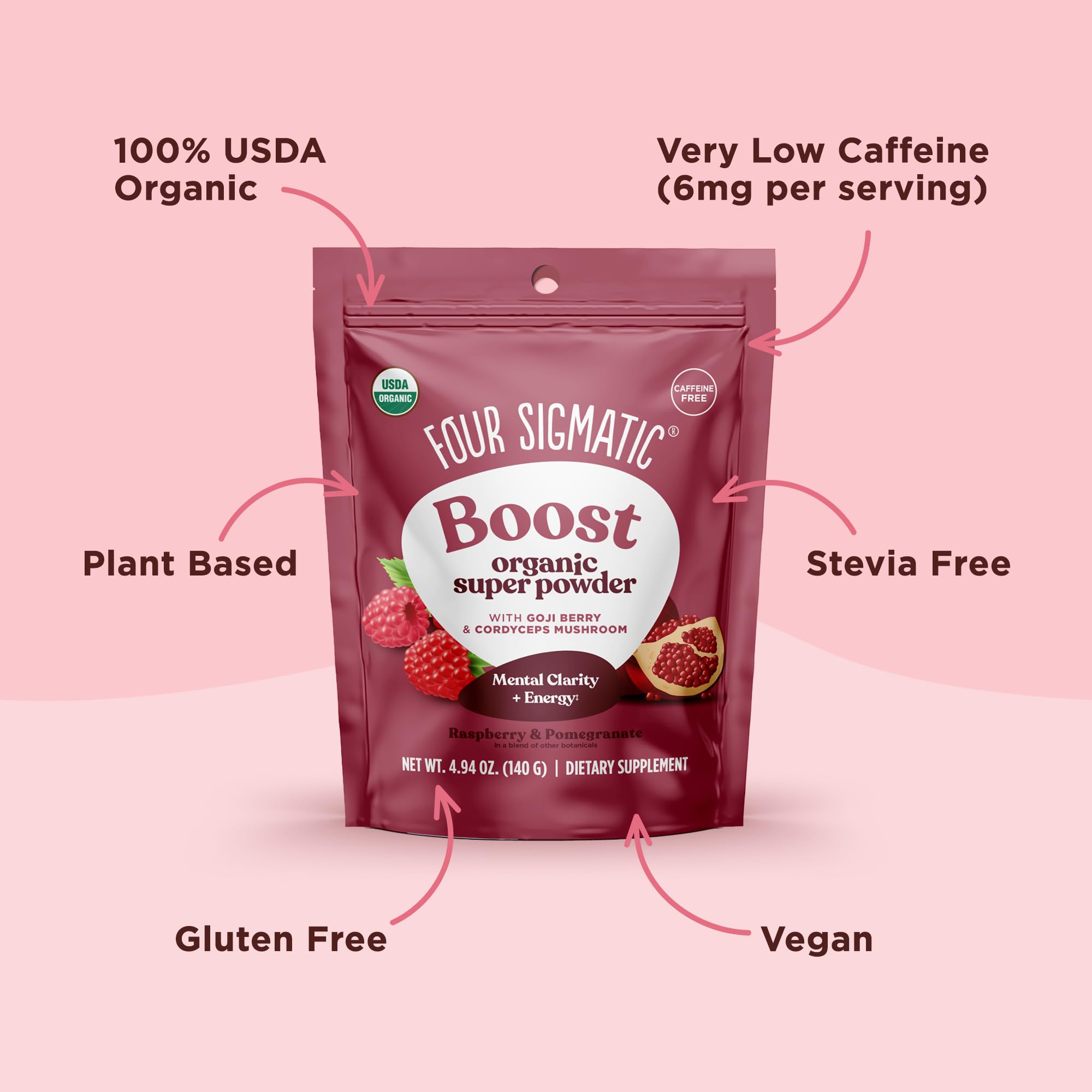 Cucharada de polvo con frambuesa roja para smoothie nutritivo Four Sigmatic.