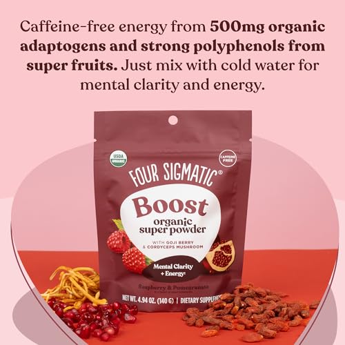 Frasco de Four Sigmatic con bebida de frambuesa roja para sabor afrutado.