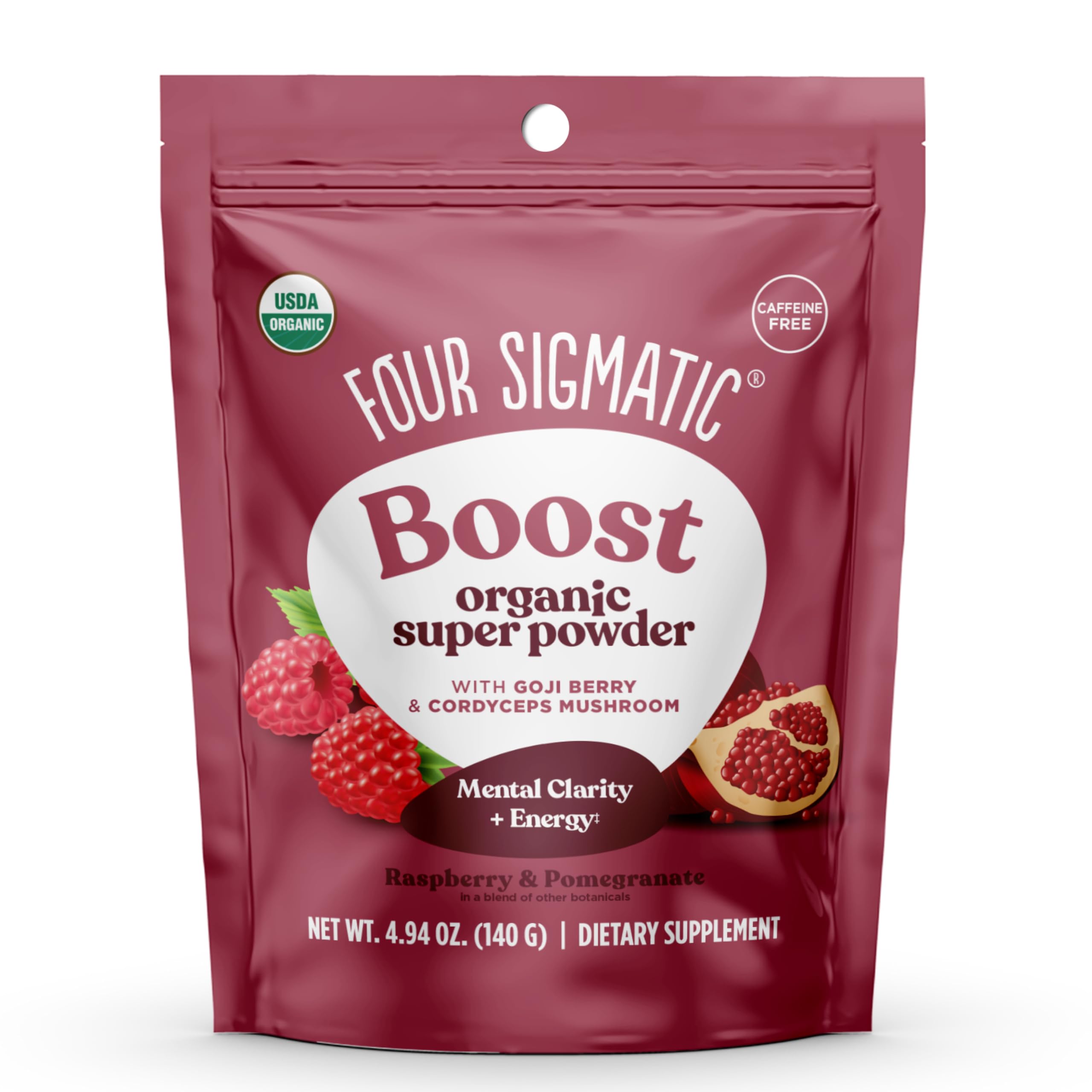 Four Sigmatic rendimiento, polvo con frambuesa roja para energía natural.