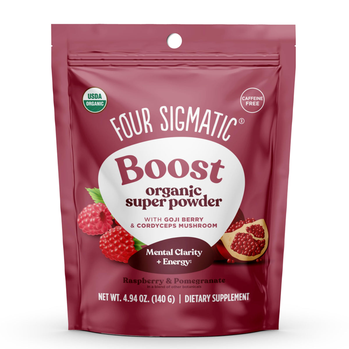 Four Sigmatic rendimiento, polvo con frambuesa roja para energía natural.