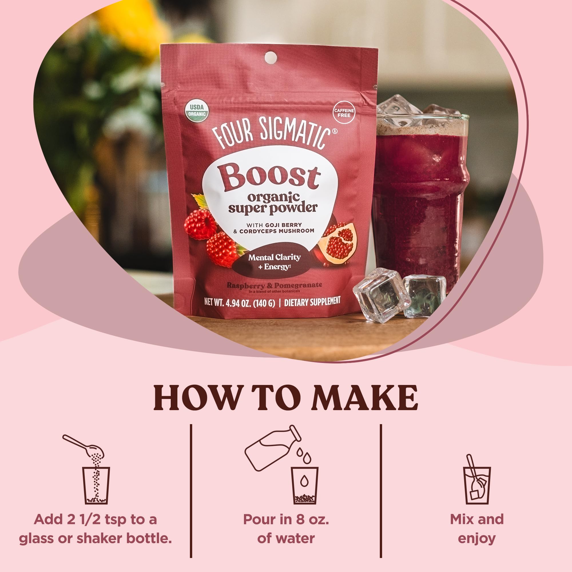 Smoothie de frambuesa roja preparado con Four Sigmatic para un impulso.