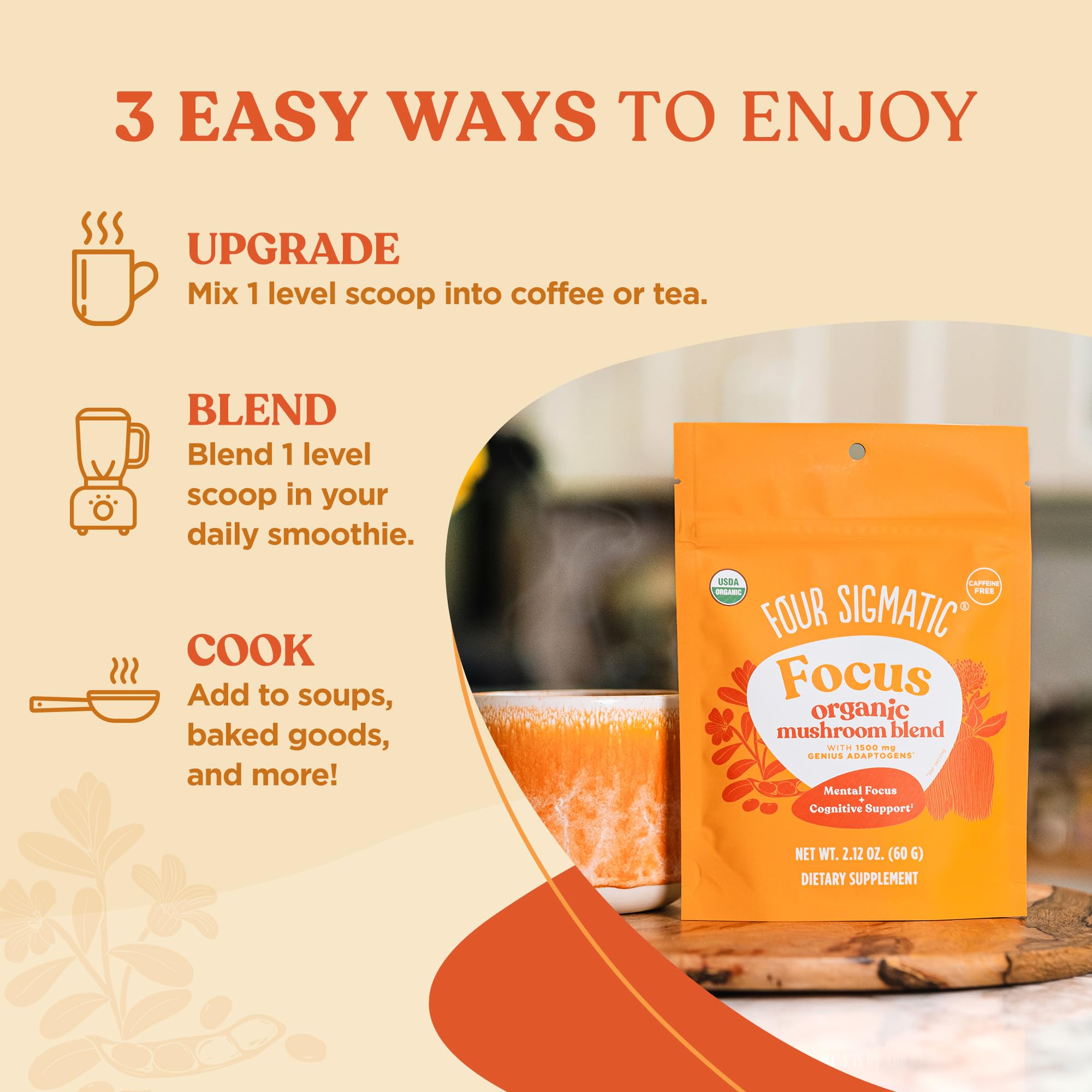 Four Sigmatic Focus Blend cacao orgánico polvo para sabor y antioxidantes
