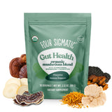 Four Sigmatic Gut Health Mushroom Blend frente al envase, ideal para iniciar el día.