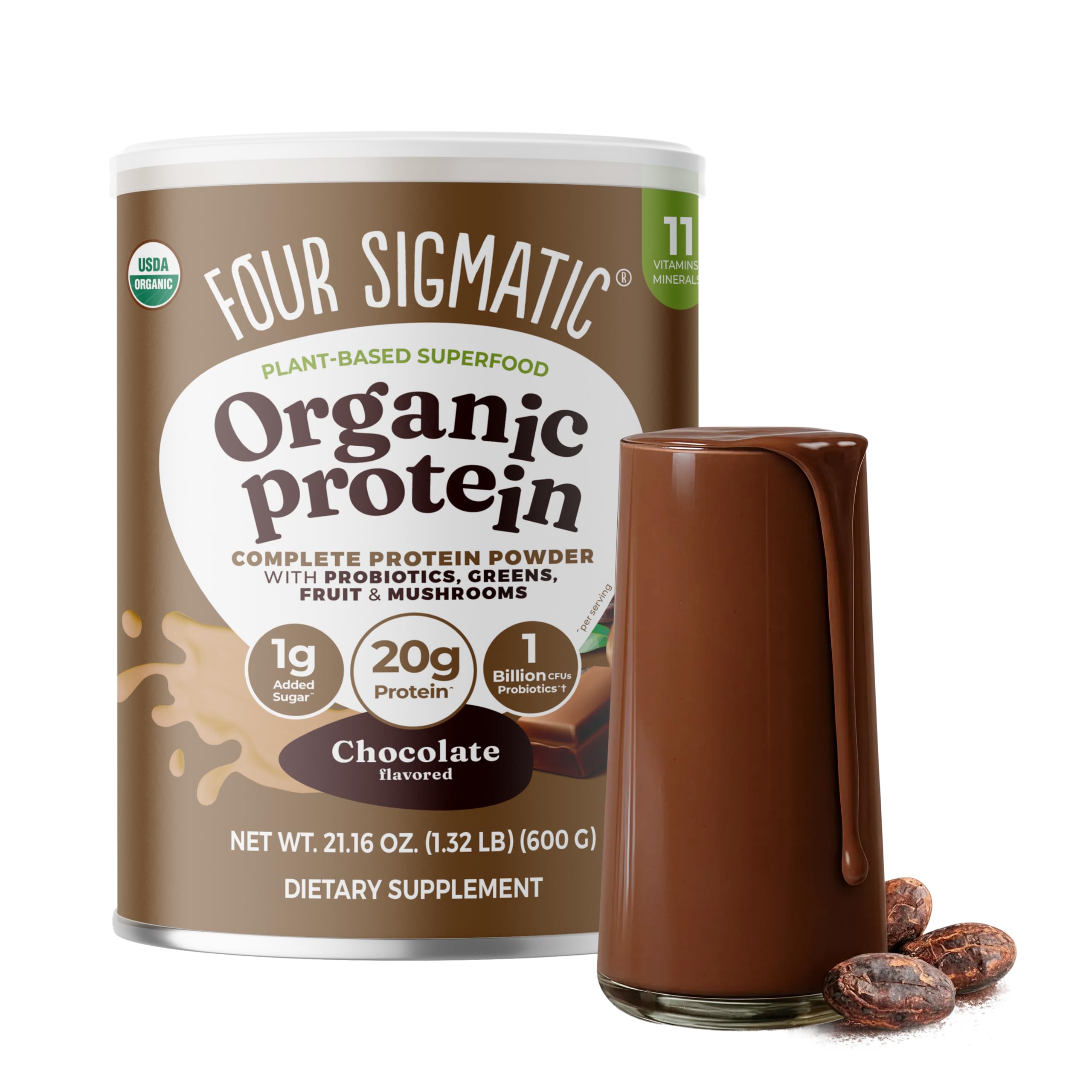 Proteína vegetal orgánica Four Sigmatic en cacao cremoso, bote de 21 oz para energía diaria.