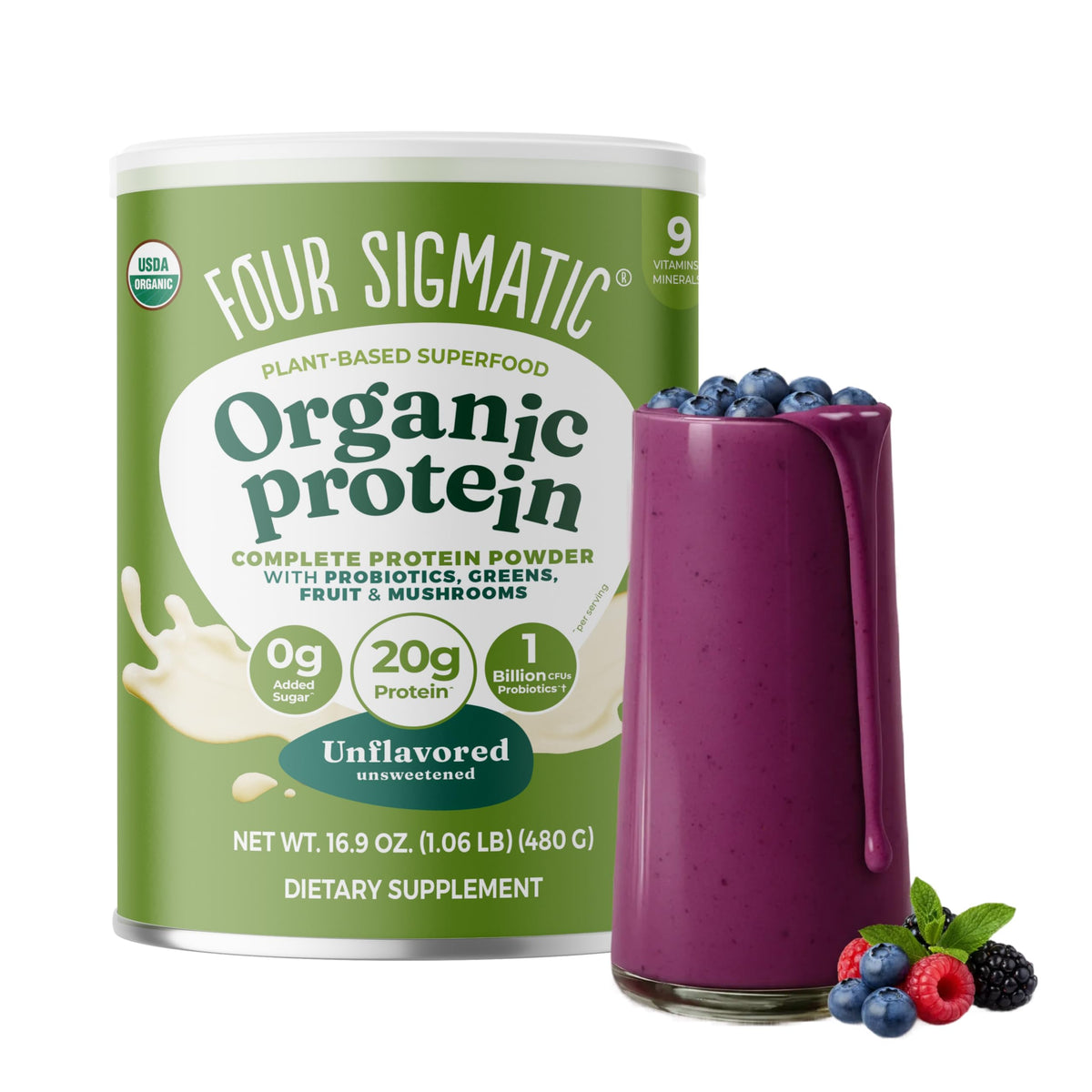 Four Sigmatic Proteína Orgánica sin sabor, ideal para batidos.