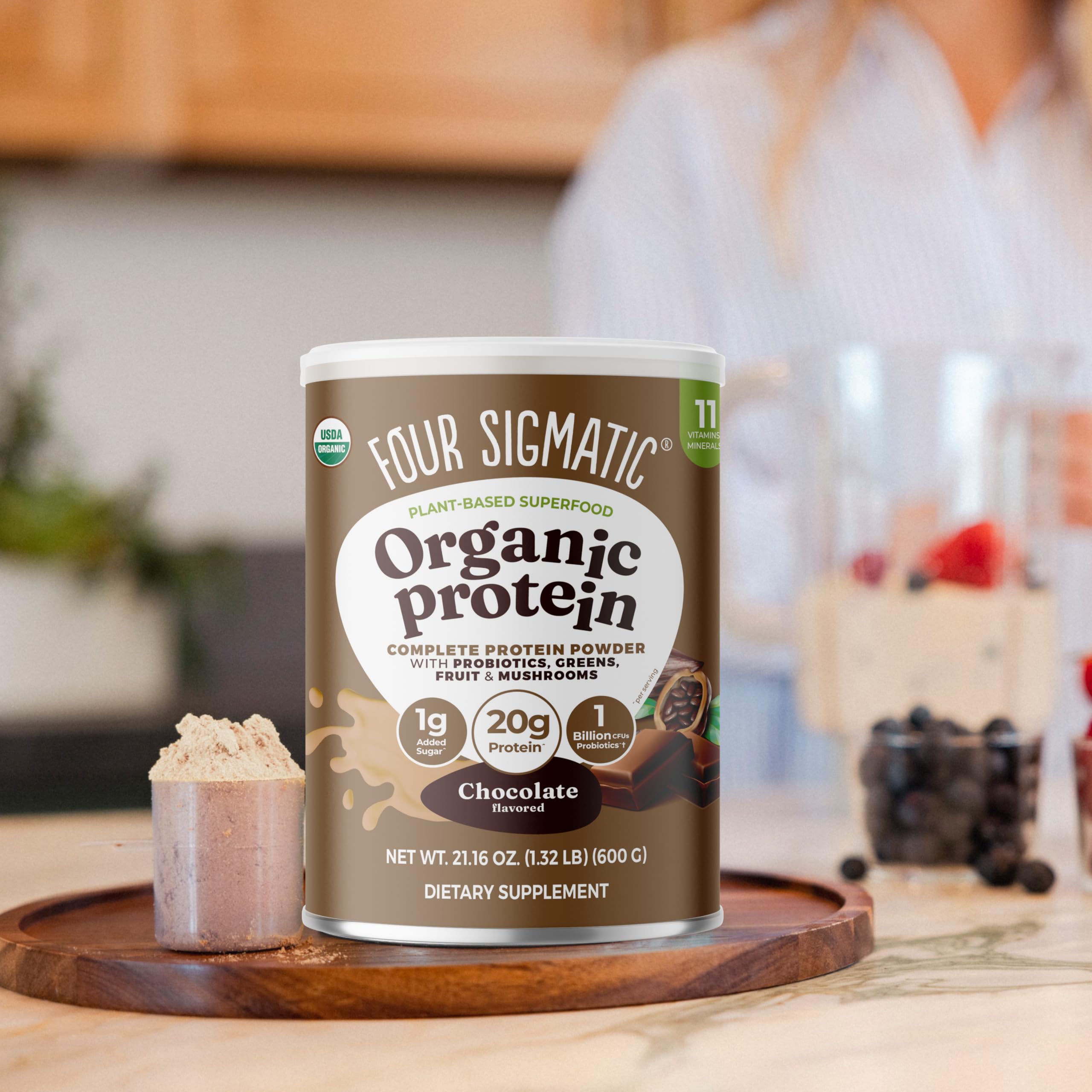 Proteína con cacao natural de Four Sigmatic, sabor suave sin azúcares refinados.