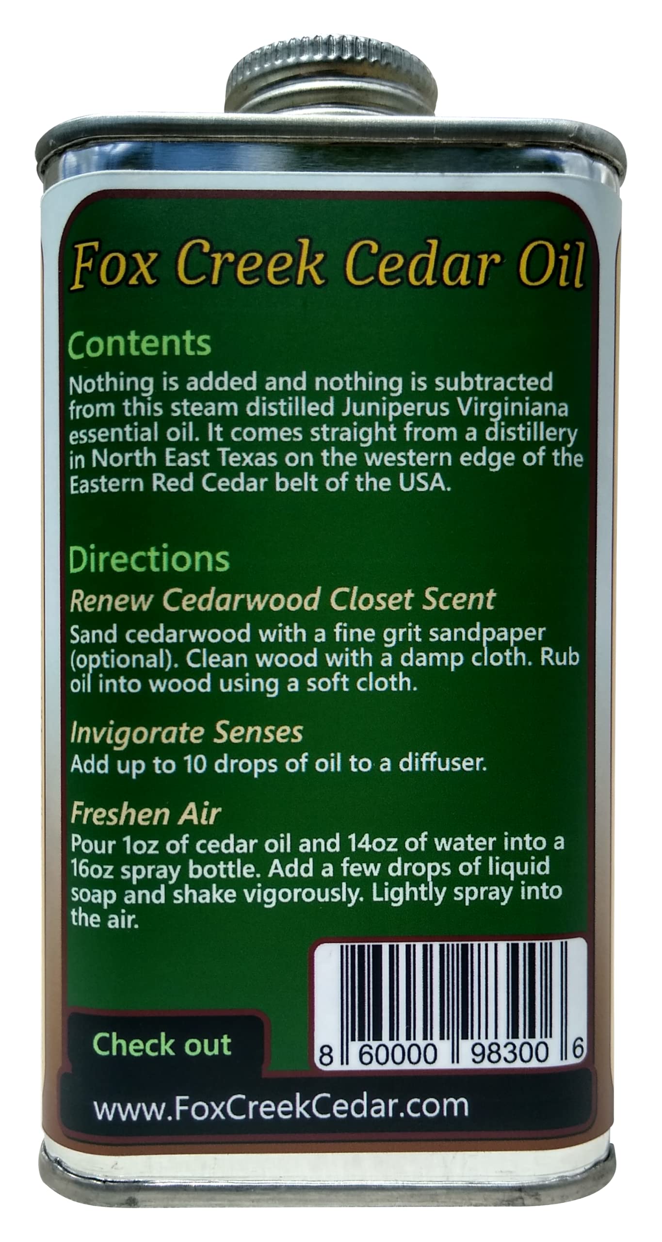 Fox Creek Naturals Cedar Oil: color-oro, ideal para aromatizar espacios o artesanías.