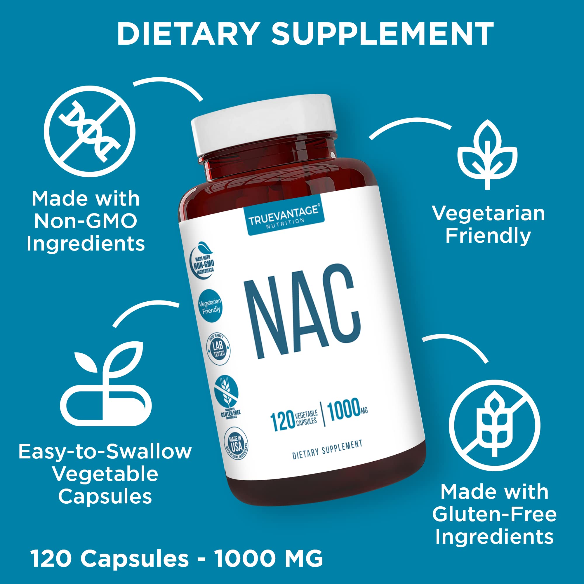 Frasco NAC 1000 mg con cápsulas vegetales, fácil de tomar
