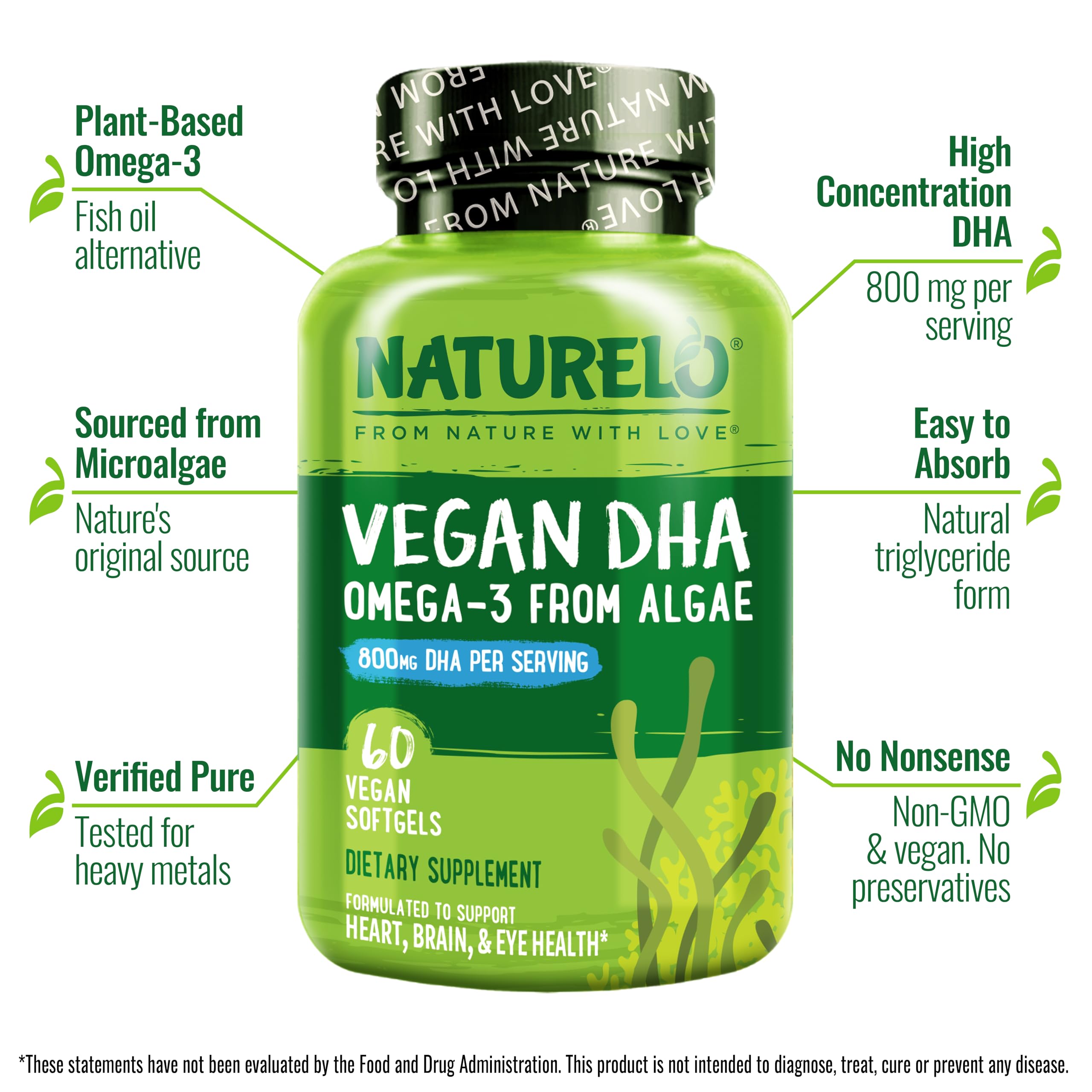 Frasco Naturelo DHA vegano, olor neutro, fácil de tragar.
