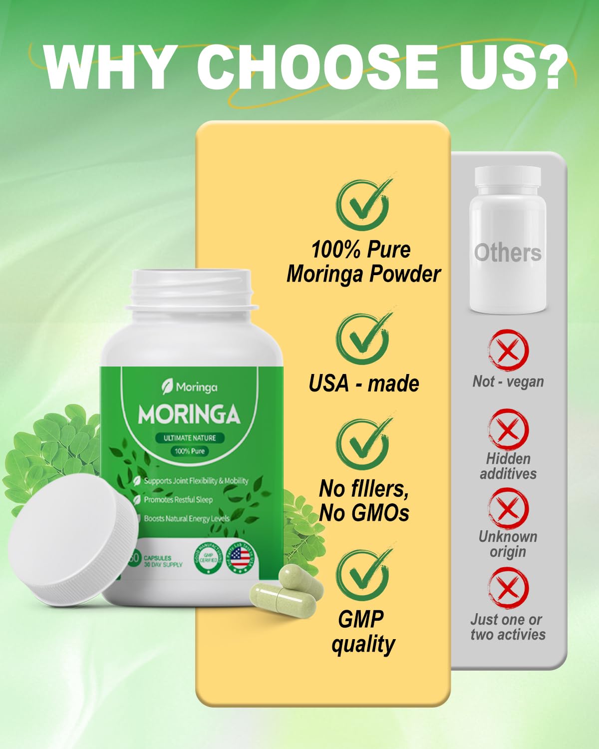 Fravonique Moringa 800mg: aroma herbal al abrir, experiencia sensorial agradable.