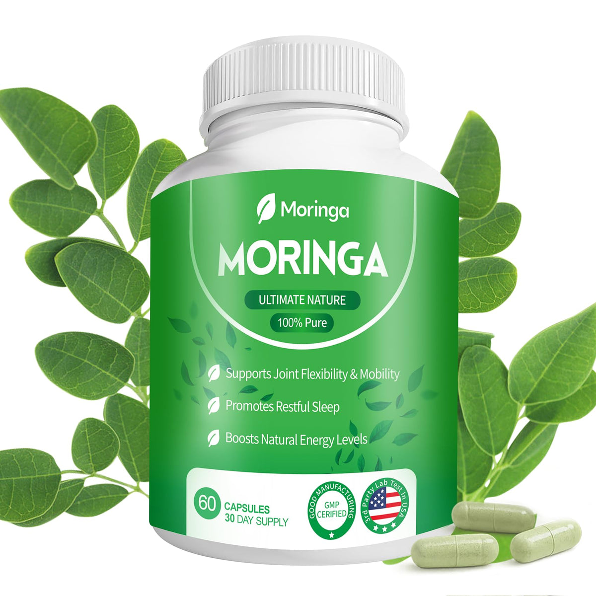 Fravonique Moringa 800mg: botella de cápsulas para energía natural durante el día.
