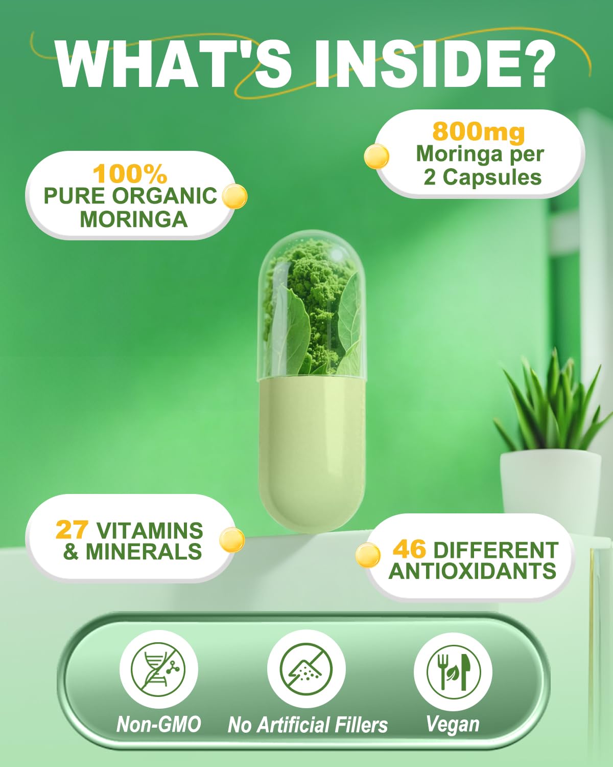 Fravonique Moringa 800mg: cápsulas verdes que apoyan bienestar diario.