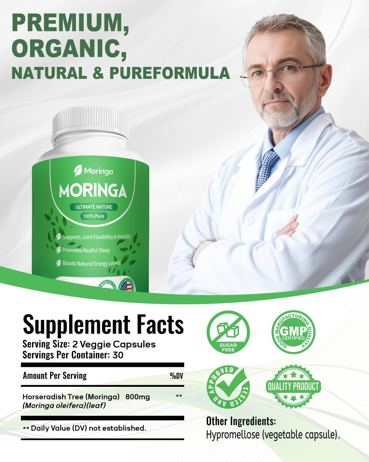 Fravonique Moringa 800mg: envase sostenible para un estilo de vida consciente.