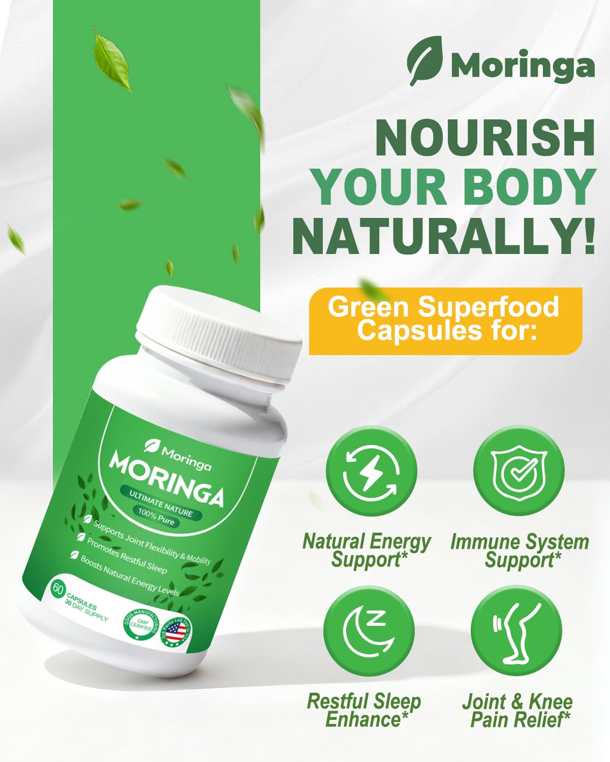 Fravonique Moringa 800mg: etiqueta clara para identificar el suplemento diario.