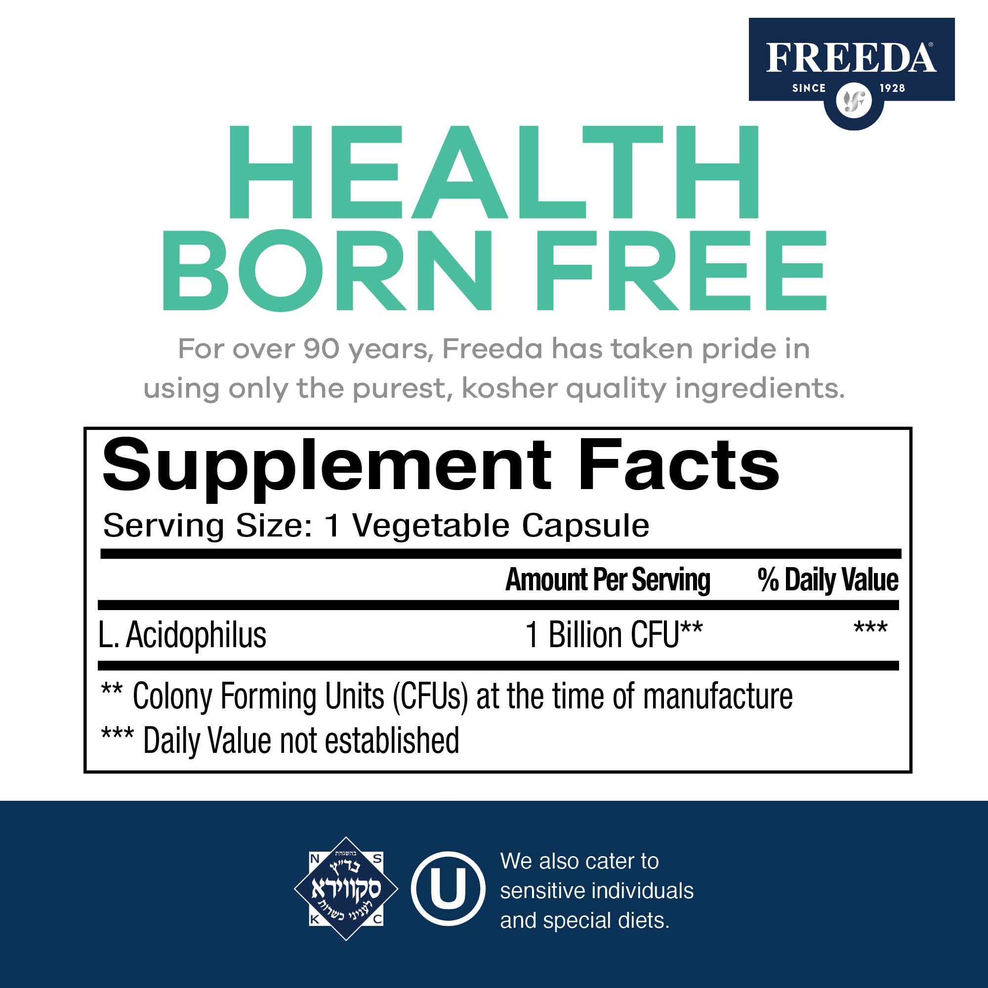 FREEDA Acidophilus con prebióticos – inulina para nutrir flora beneficiosa.