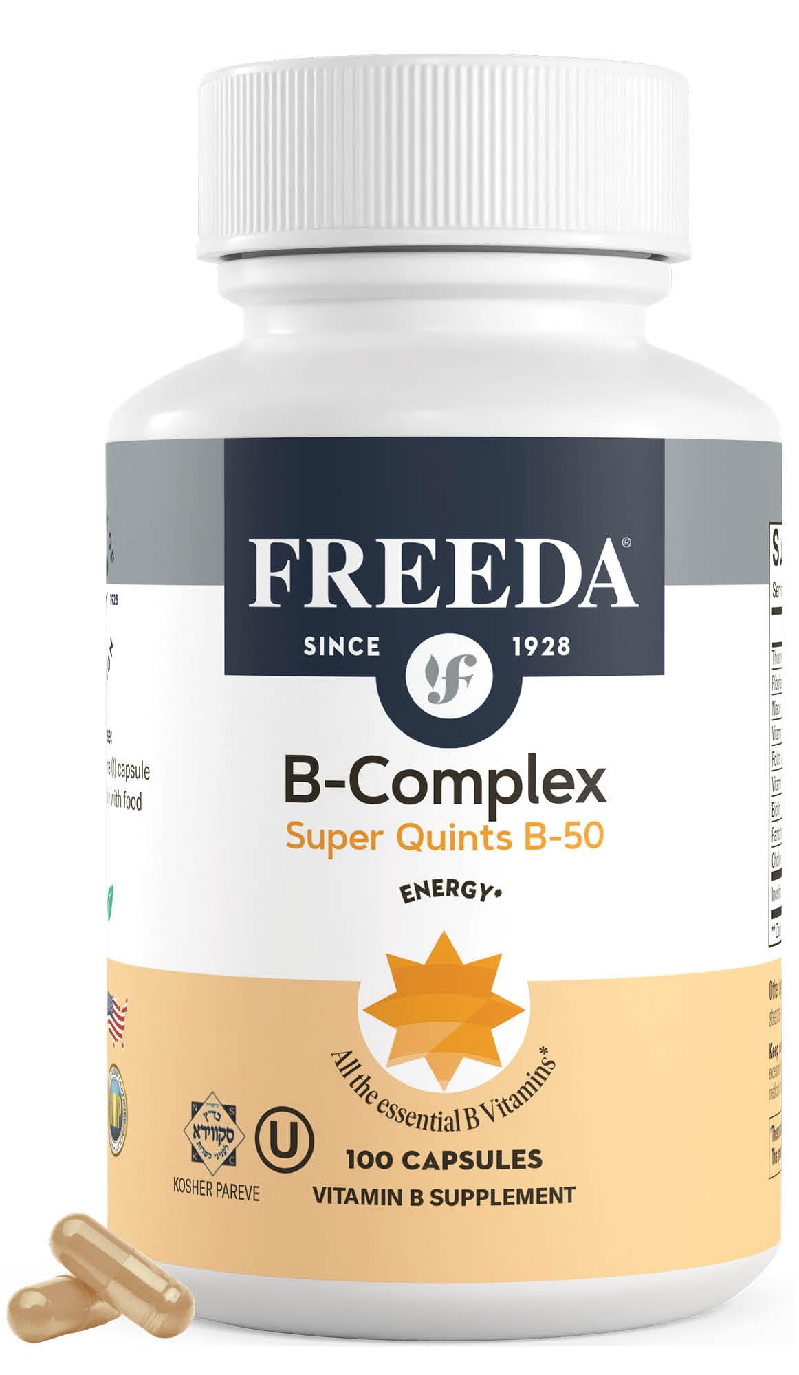 Freeda B-50 Complex, botella frontal, ideal para energía sostenida.