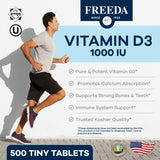 Freeda D3 con 500 tabletas pequeñas en un envase práctico.