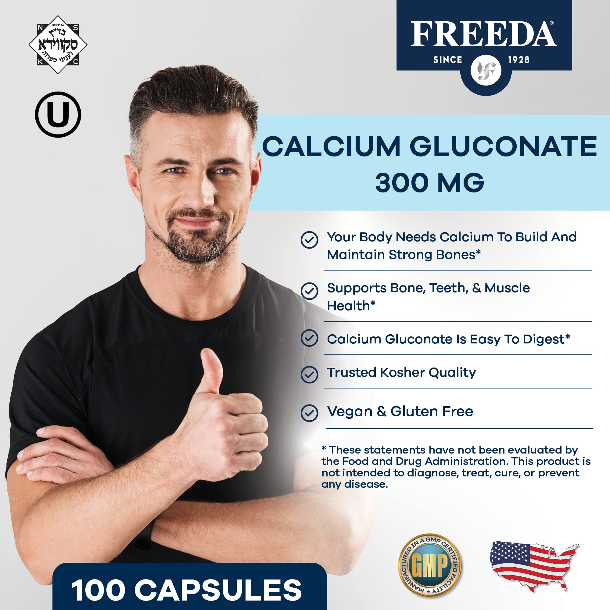 Freeda gluconato de calcio – etiqueta vegana y kosher, control de ingesta
