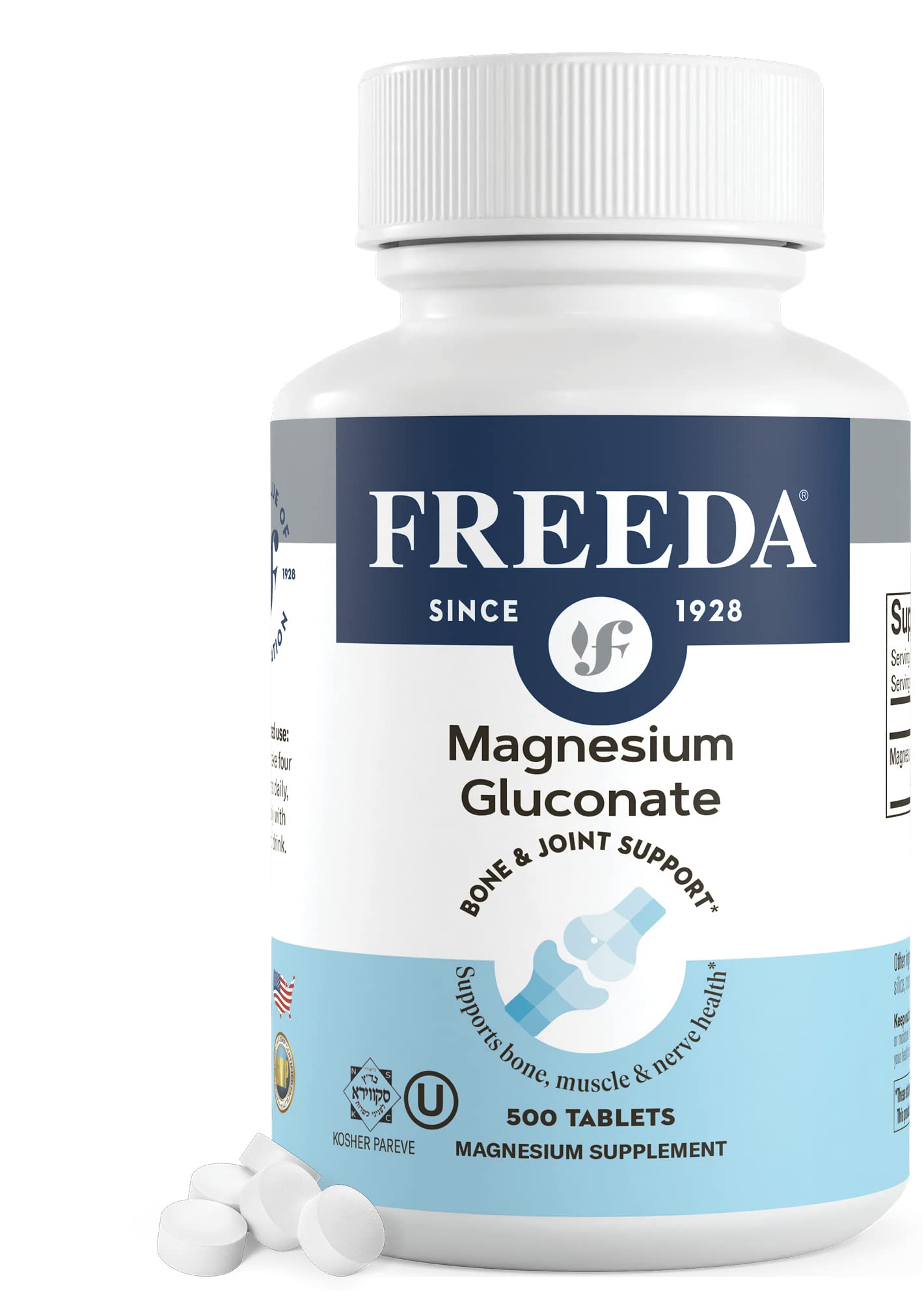 Freeda Magnesium Gluconato: botella visible para apoyo suave de nervios y músculos.