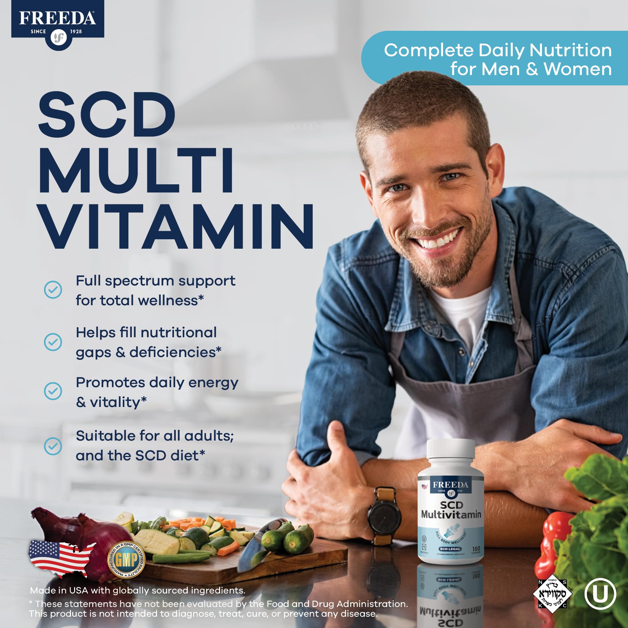 Etiqueta de FREEDA SCD Multivitamin con lista de nutrientes clave