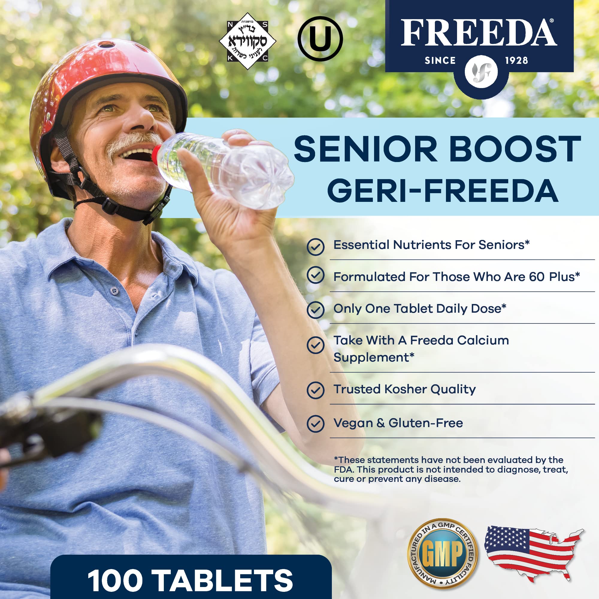 Freeda Senior Multivitamin, etiqueta trasera, ingredientes esenciales para la salud futura.