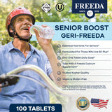Freeda Senior Multivitamin, etiqueta trasera, ingredientes esenciales para la salud futura.
