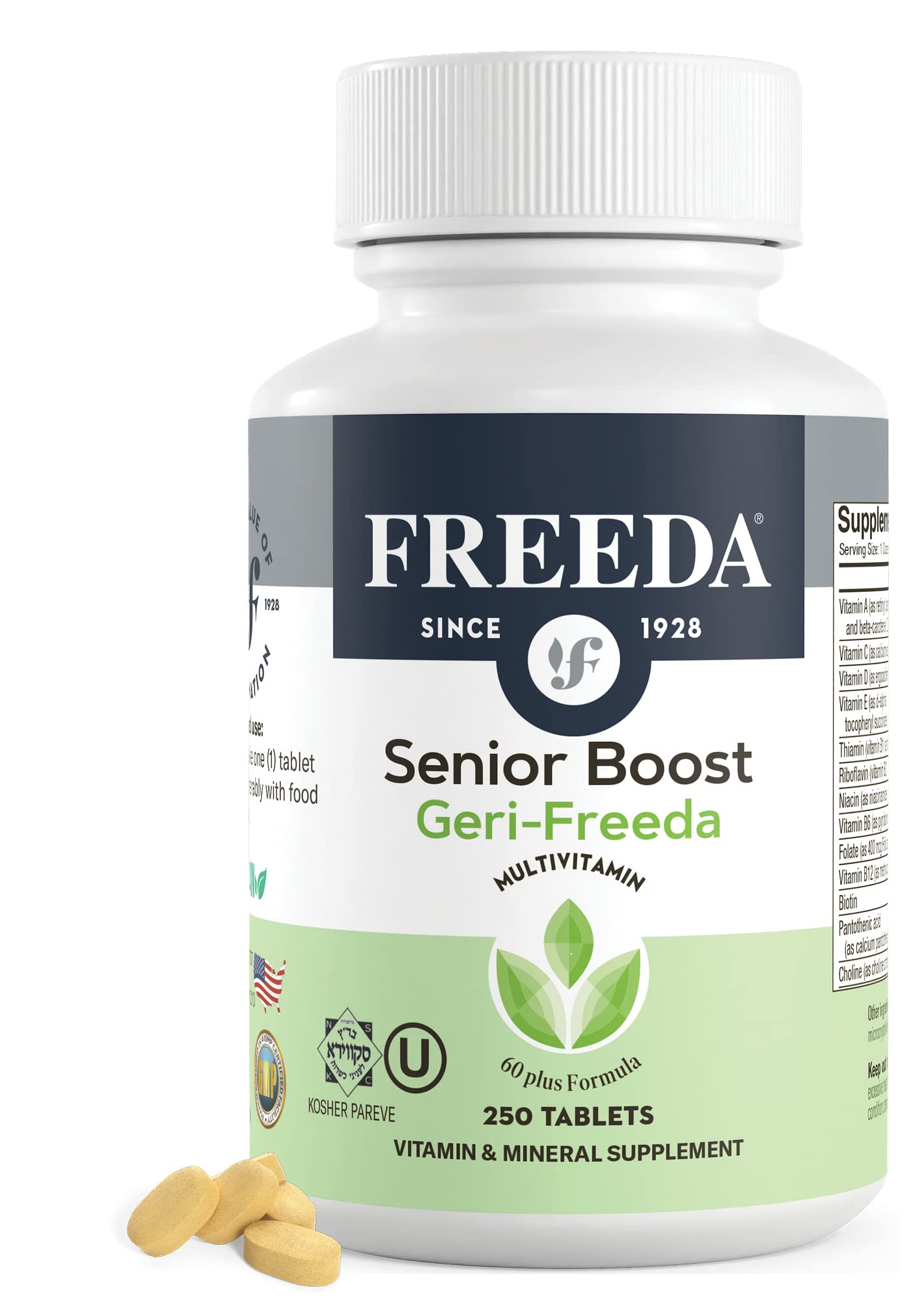 Freeda Senior Multivitamin, botella frontal, apoyo nutricional diario para mayores de 60.