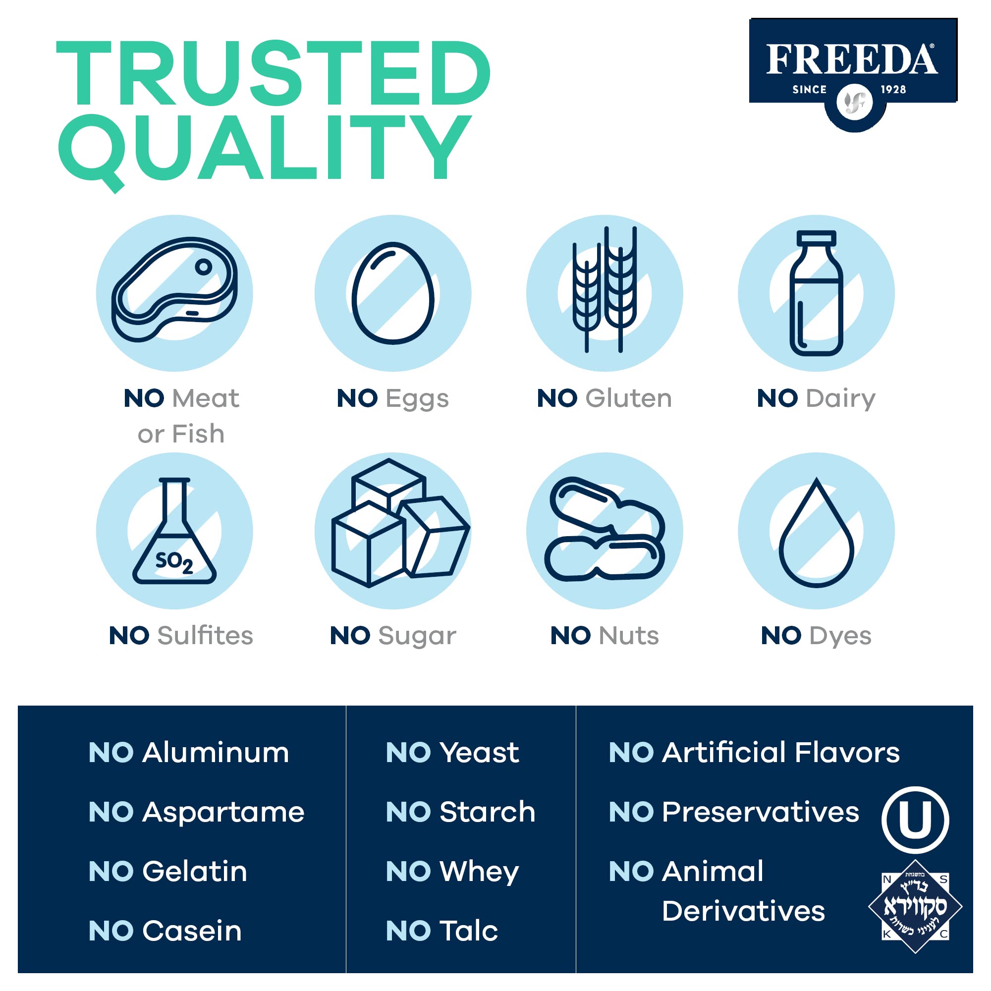 Freeda Senior Multivitamin, en la encimera, opción kosher y vegana para adultos mayores.