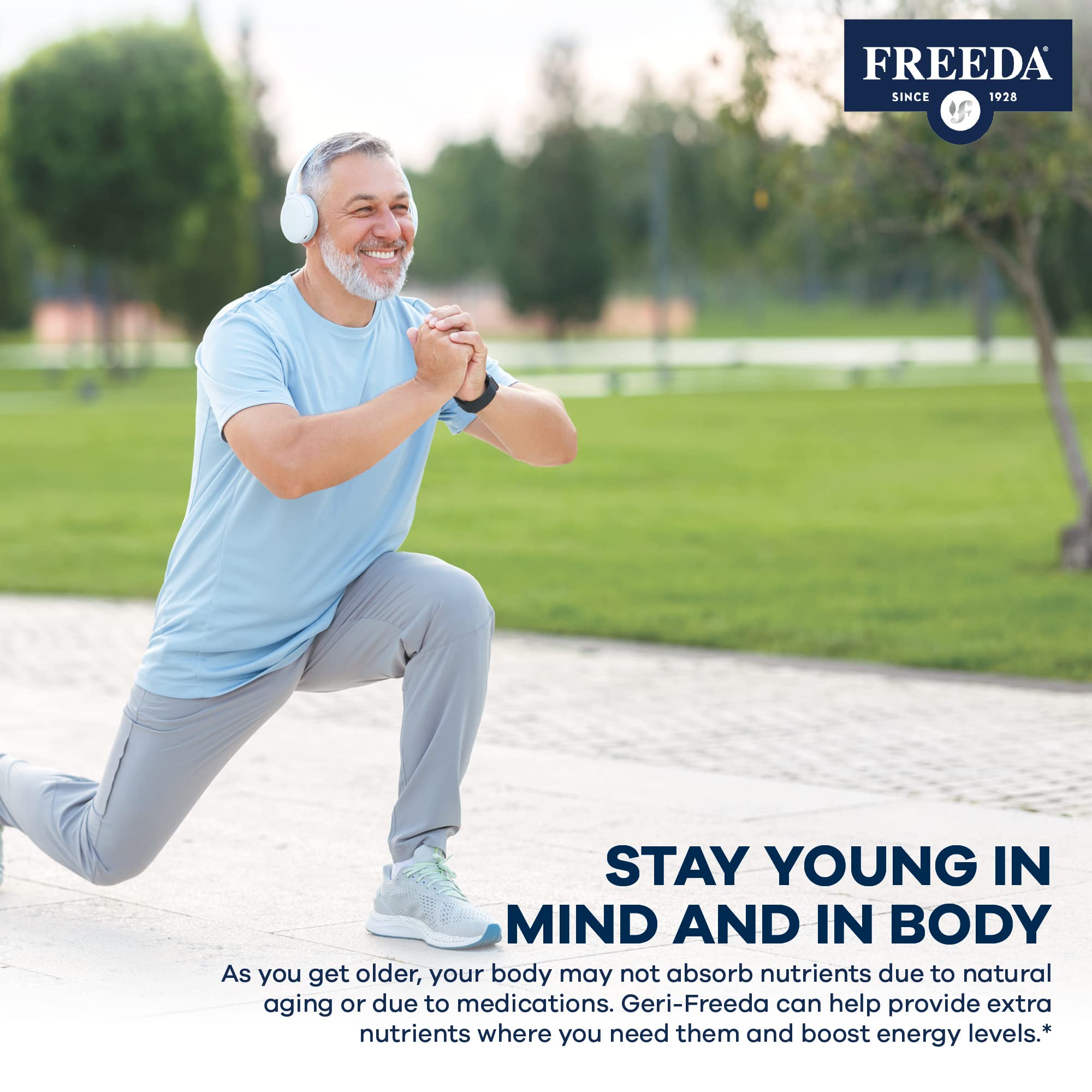 Freeda Senior Multivitamin, hombre tomando, apoyo nutricional diario para hombres 60+.