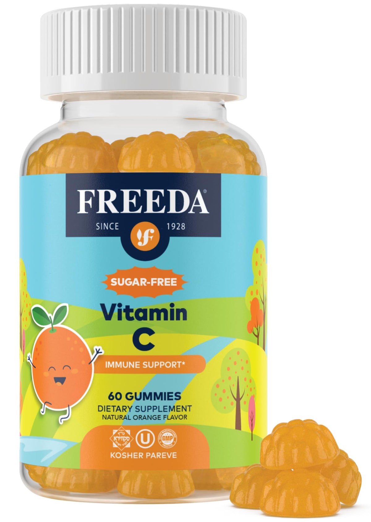 Freeda vitamina C para niños en bote, dosis diaria y sabor agradable.