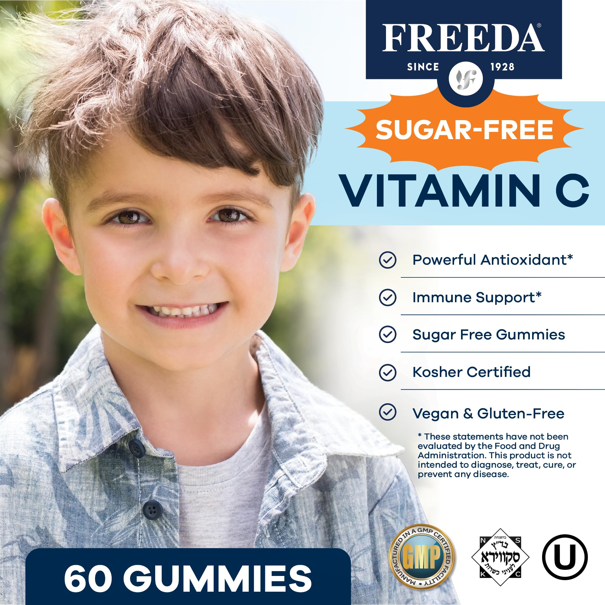 Gomitas Freeda vitamina C sabor naranja sin azucar, ideales como snack.