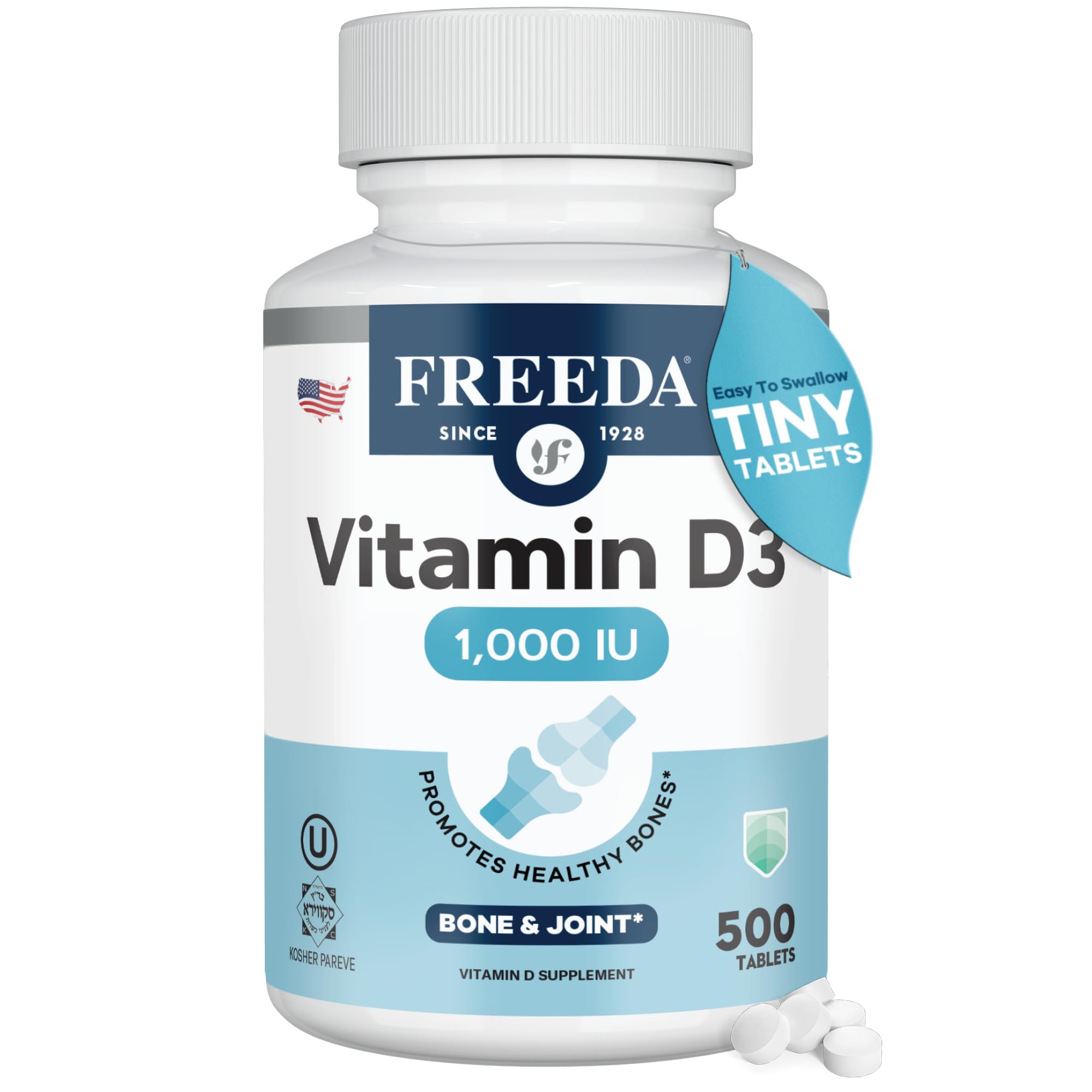 Freeda Vitamina D3 1000 UI, tabletas pequeñas fáciles de tragar.