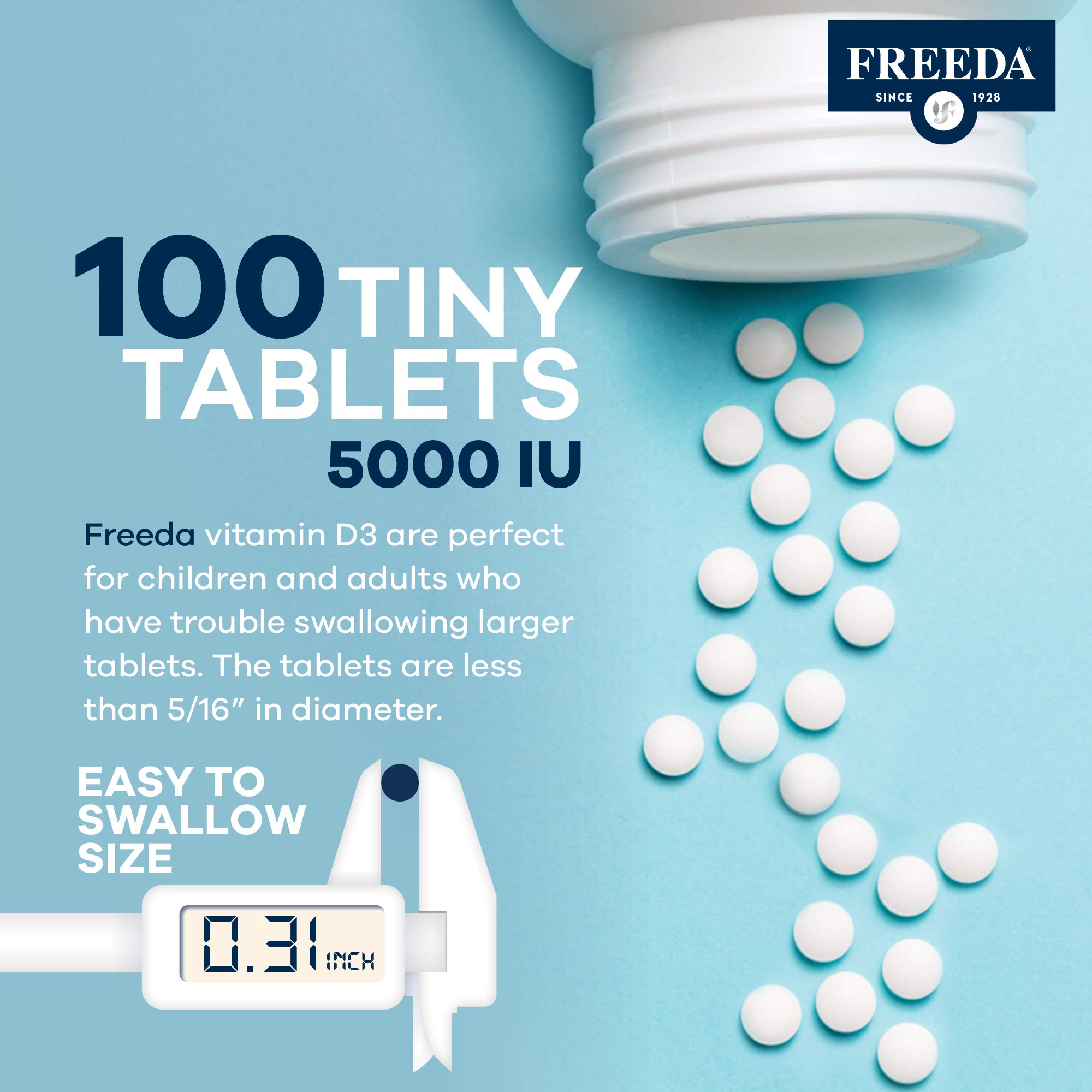 Freeda Vitamina D3 5000 IU, frasco cómodo en mano para uso diario.