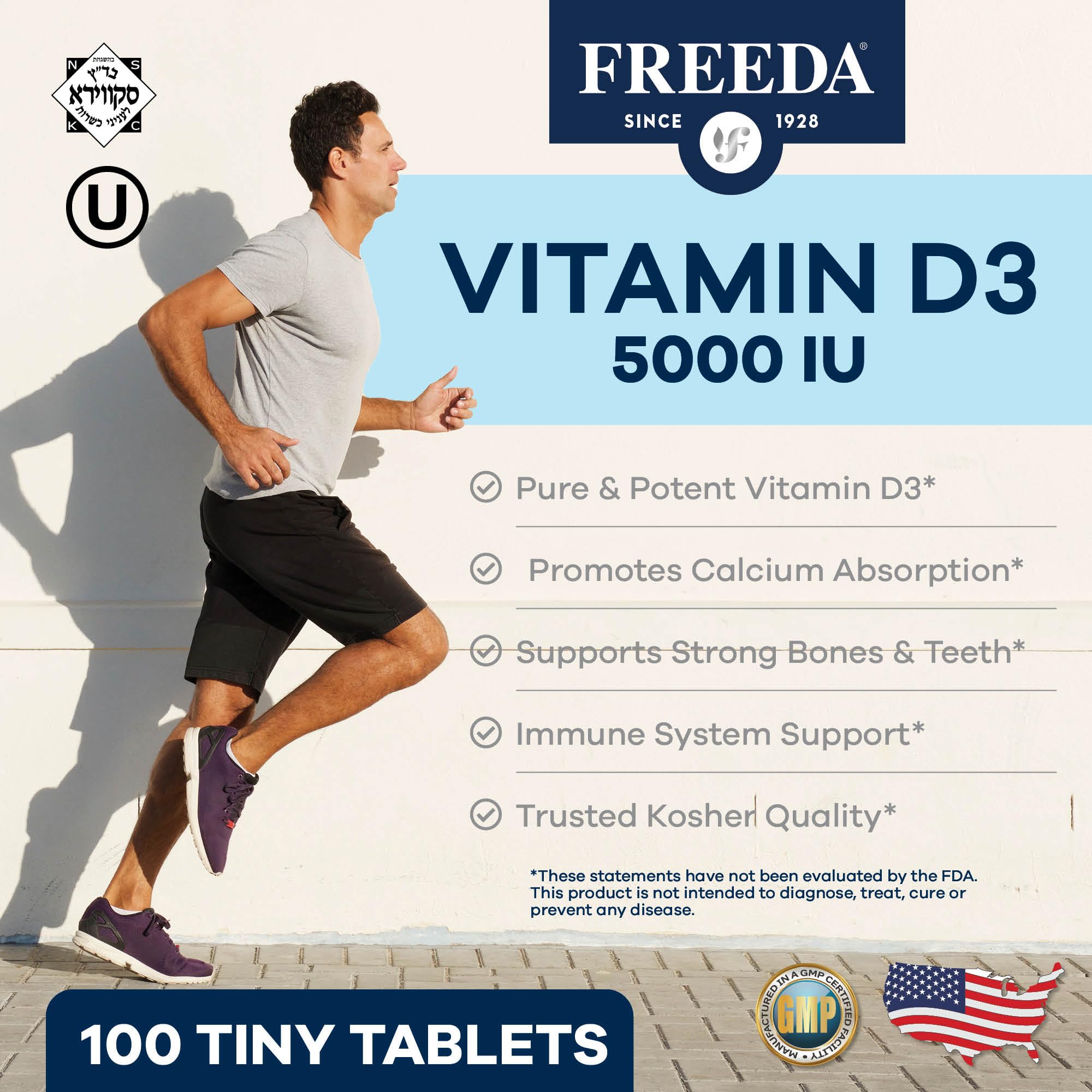 Freeda Vitamina D3 5000 IU, etiqueta clara con datos de calidad.