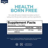 Freeda Vitamina D3 5000 IU, vertido suave del frasco para dosis diaria.