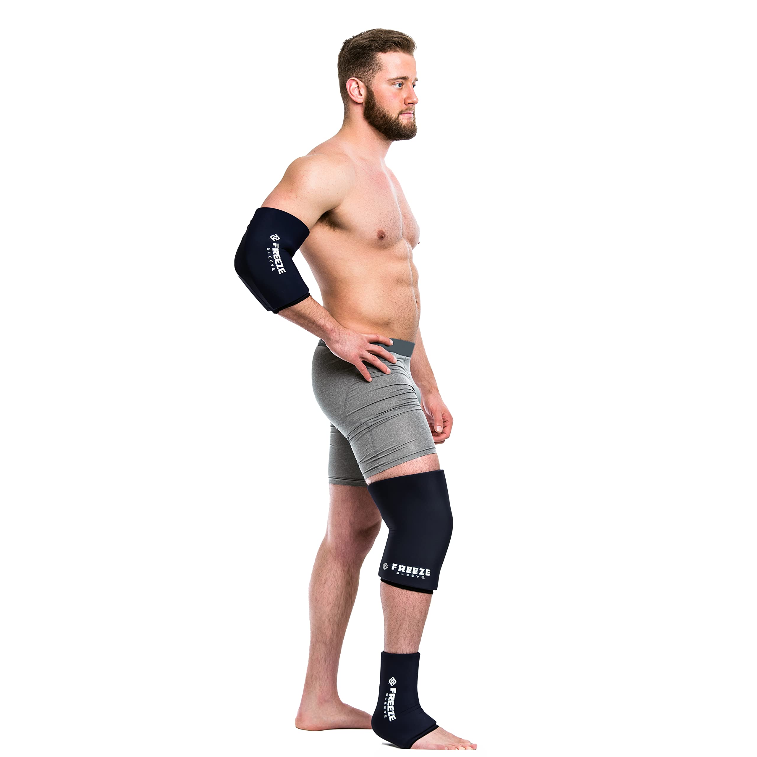 FreezeSleeve rodilla con cobertura 360 para alivio localizado y movilidad.