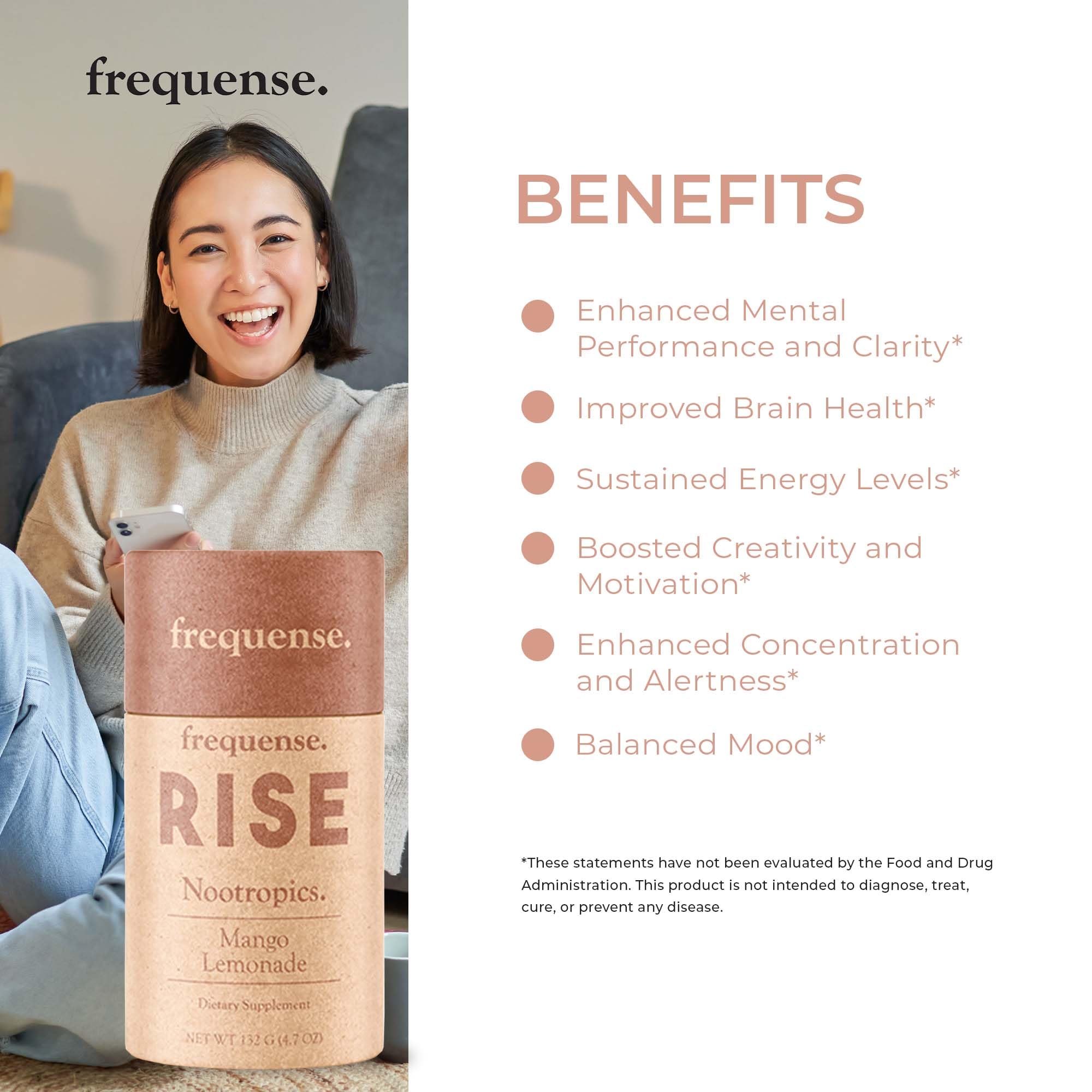 FREQUENSE Rise Mango Limonada, ingredientes visibles que complementan la rutina matutina.