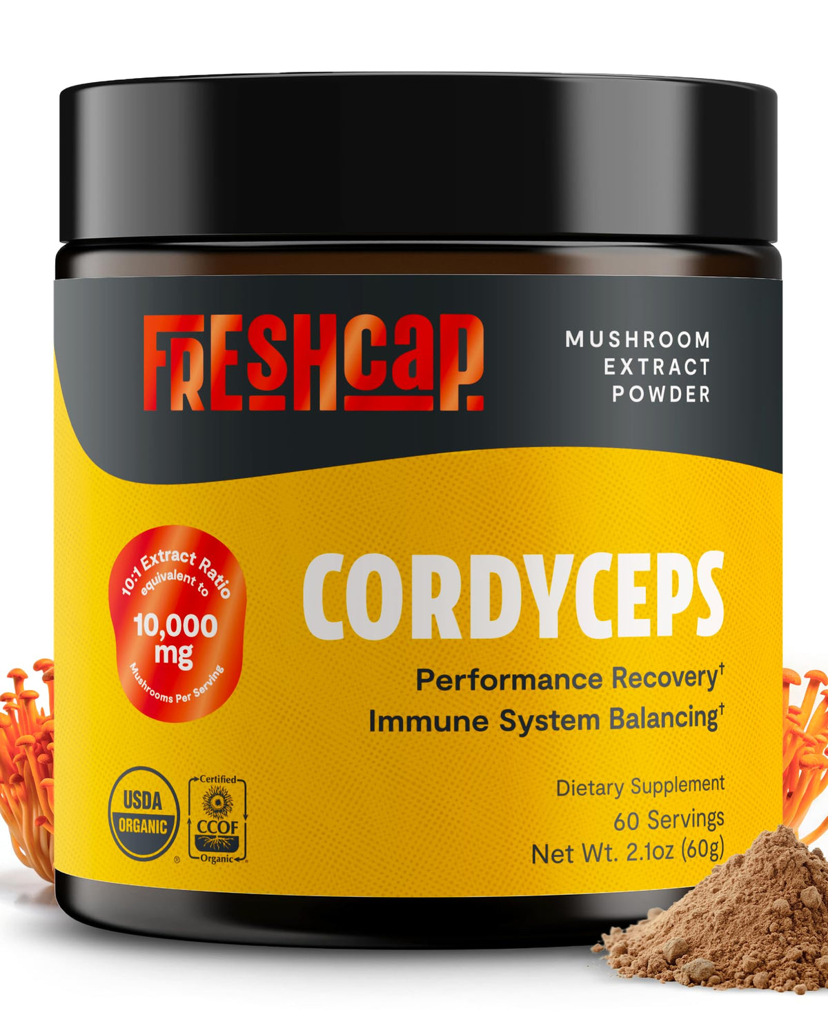 Frasco de FreshCap Cordyceps polvo para energía natural