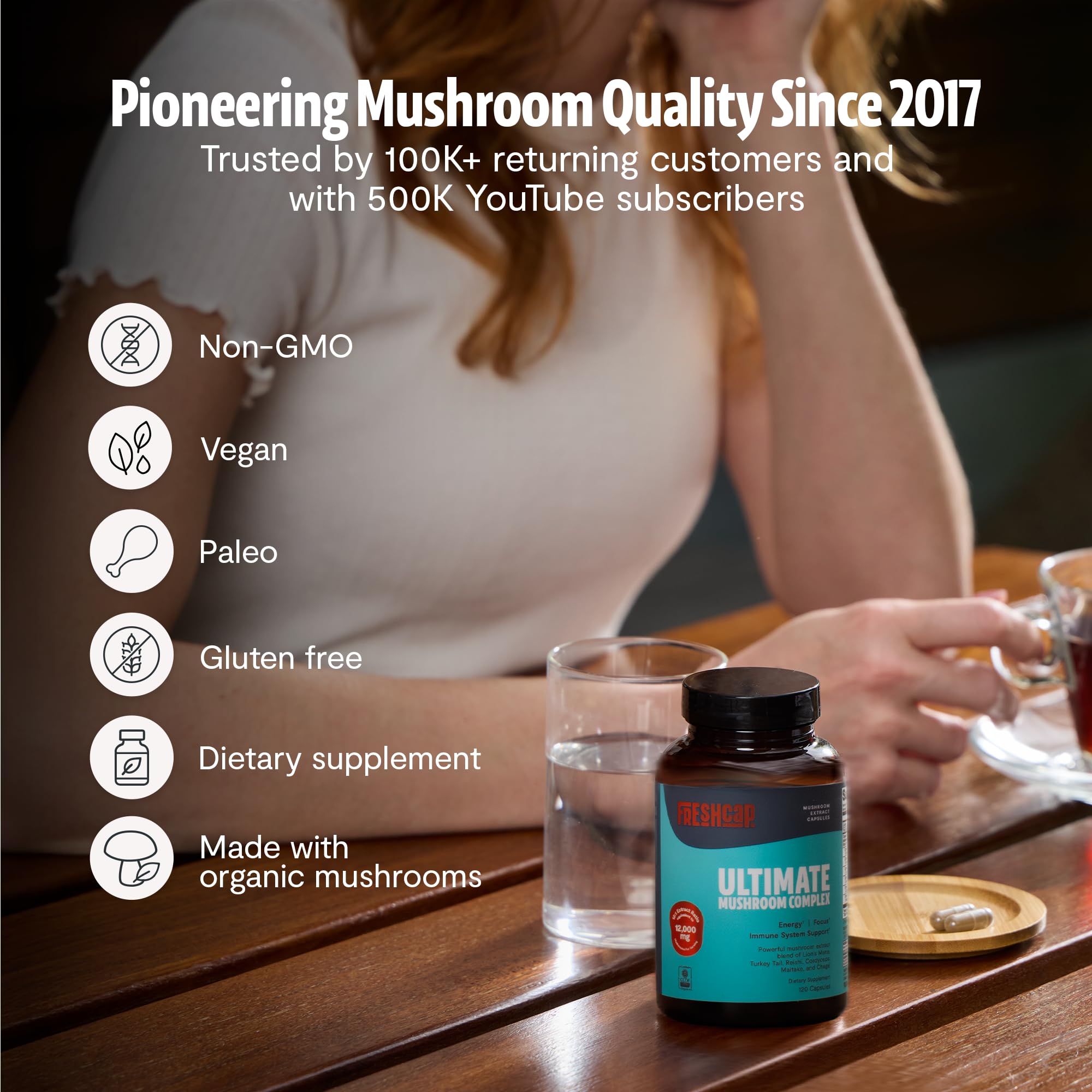 Uso diario fácil con FreshCap Mushrooms para apoyo inmunitario