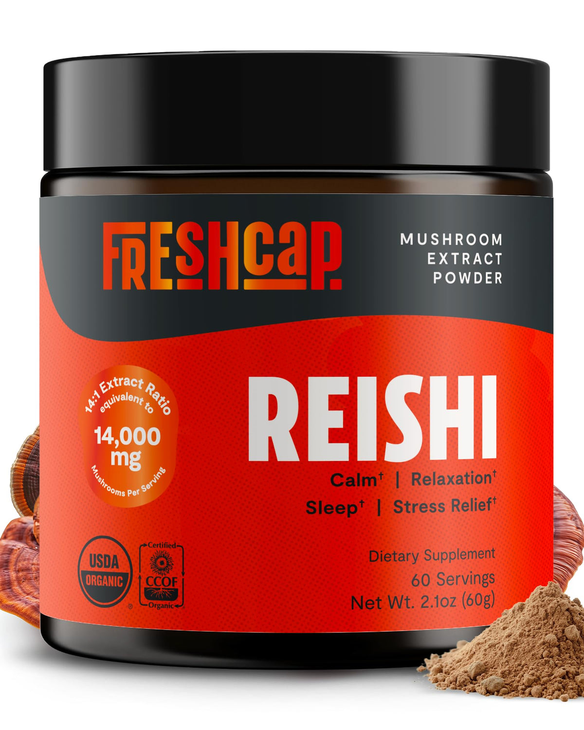 FreshCap Mushrooms Ayurveda Reishi, botella con etiqueta visible, apoyar equilibrio diario.