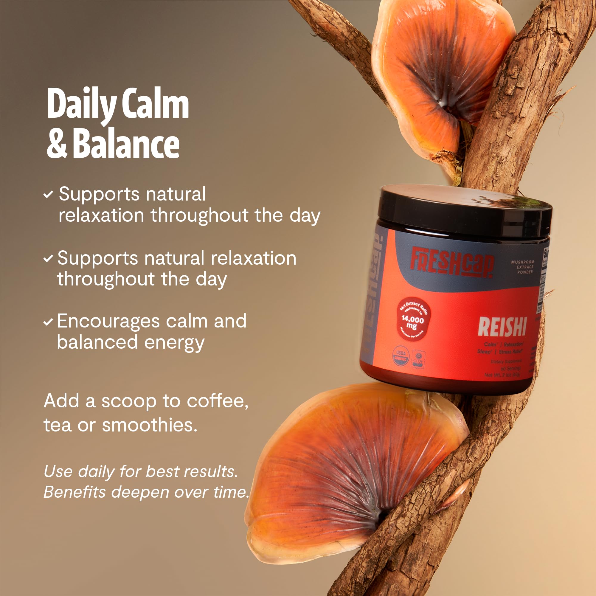 FreshCap Mushrooms Ayurveda Reishi, sello de certificación orgánica para cultivo responsable.