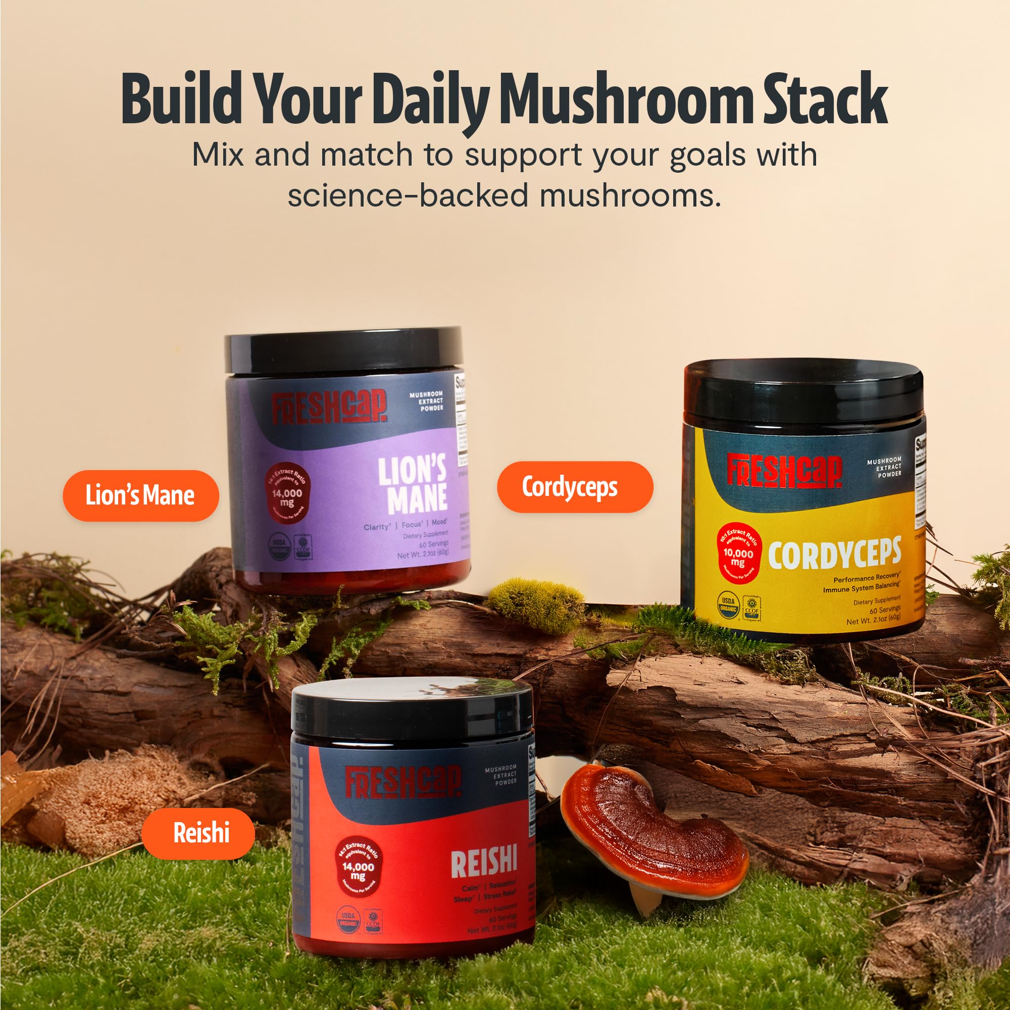 FreshCap Mushrooms Ayurveda Reishi, etiquetas veganas y sin gluten para consciencia alimentaria.